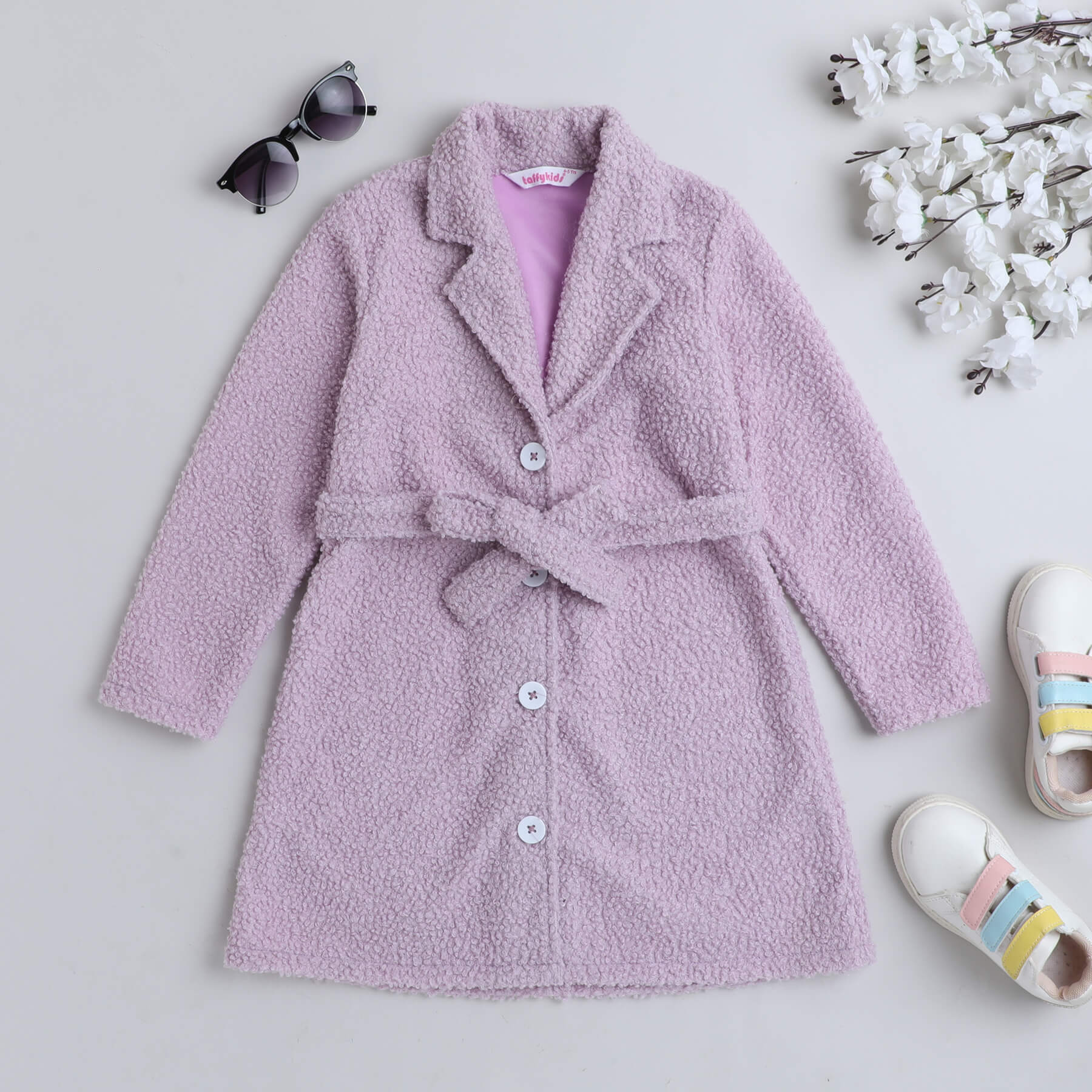 Textured full sleeves collared jacket with tie-up belt-Lilac