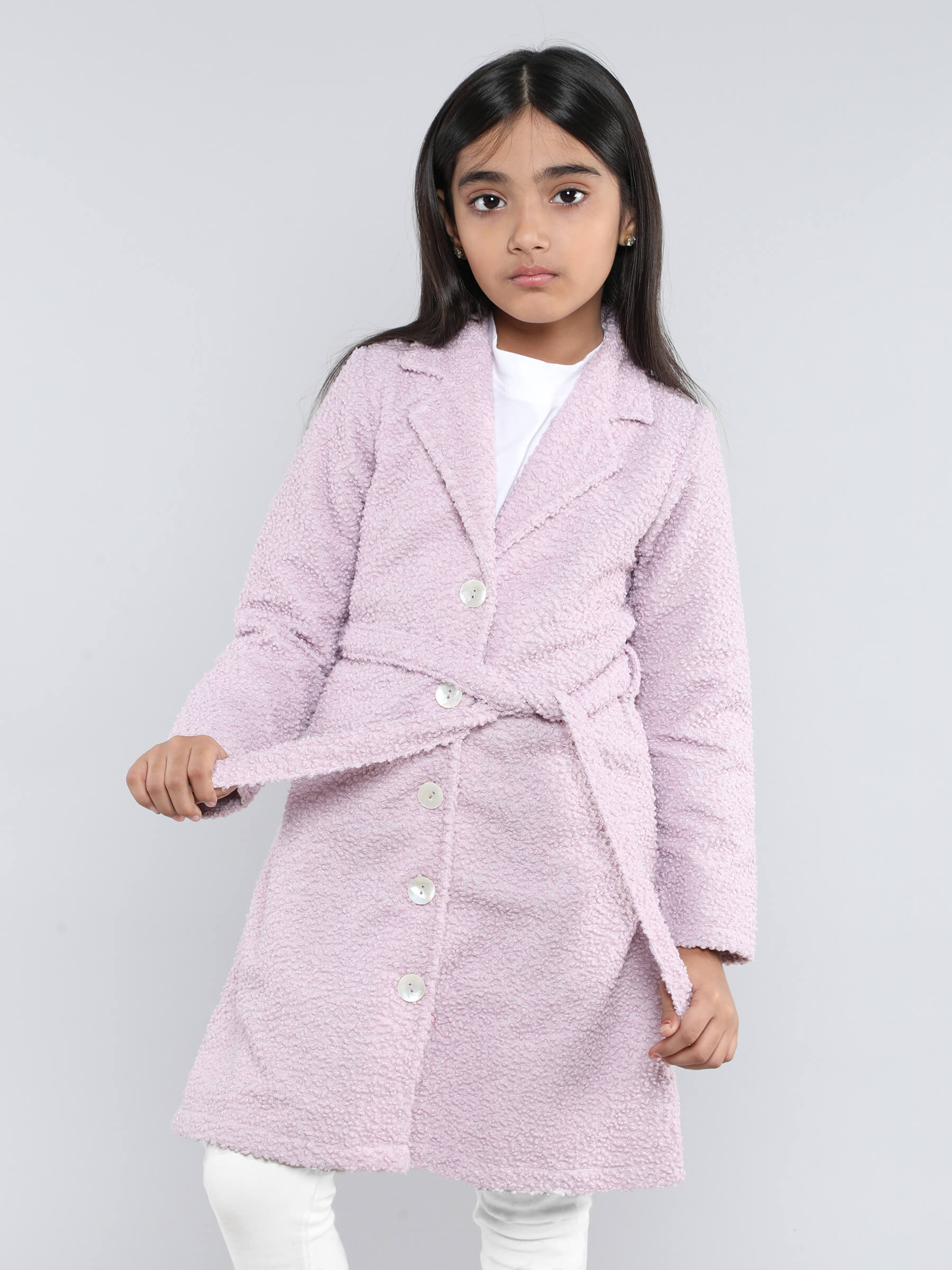 Textured full sleeves collared jacket with tie-up belt-Lilac