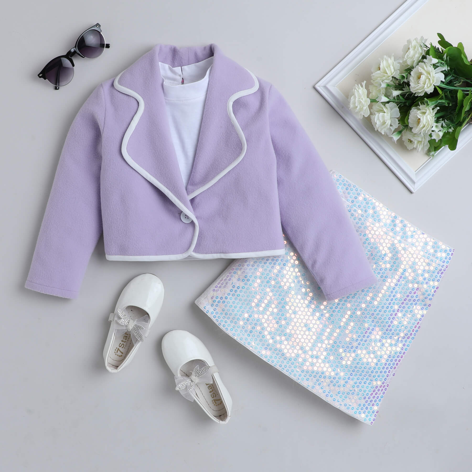 full sleeves winter jacket with sequins skirt and high neck crop top set-Lilac/White