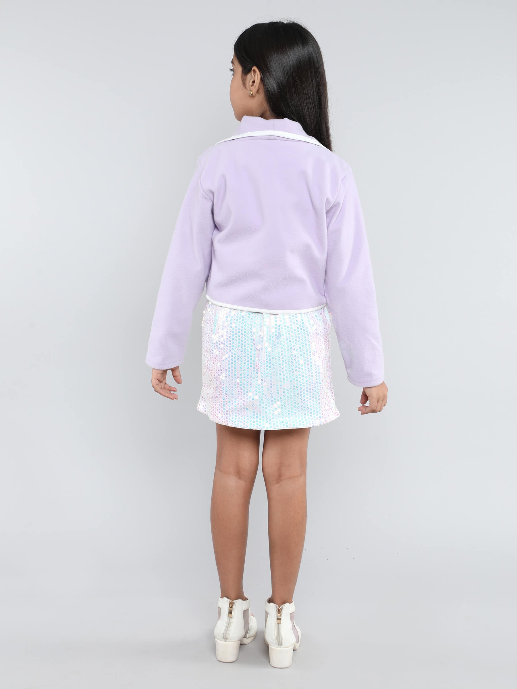 full sleeves winter jacket with sequins skirt and high neck crop top set-Lilac/White