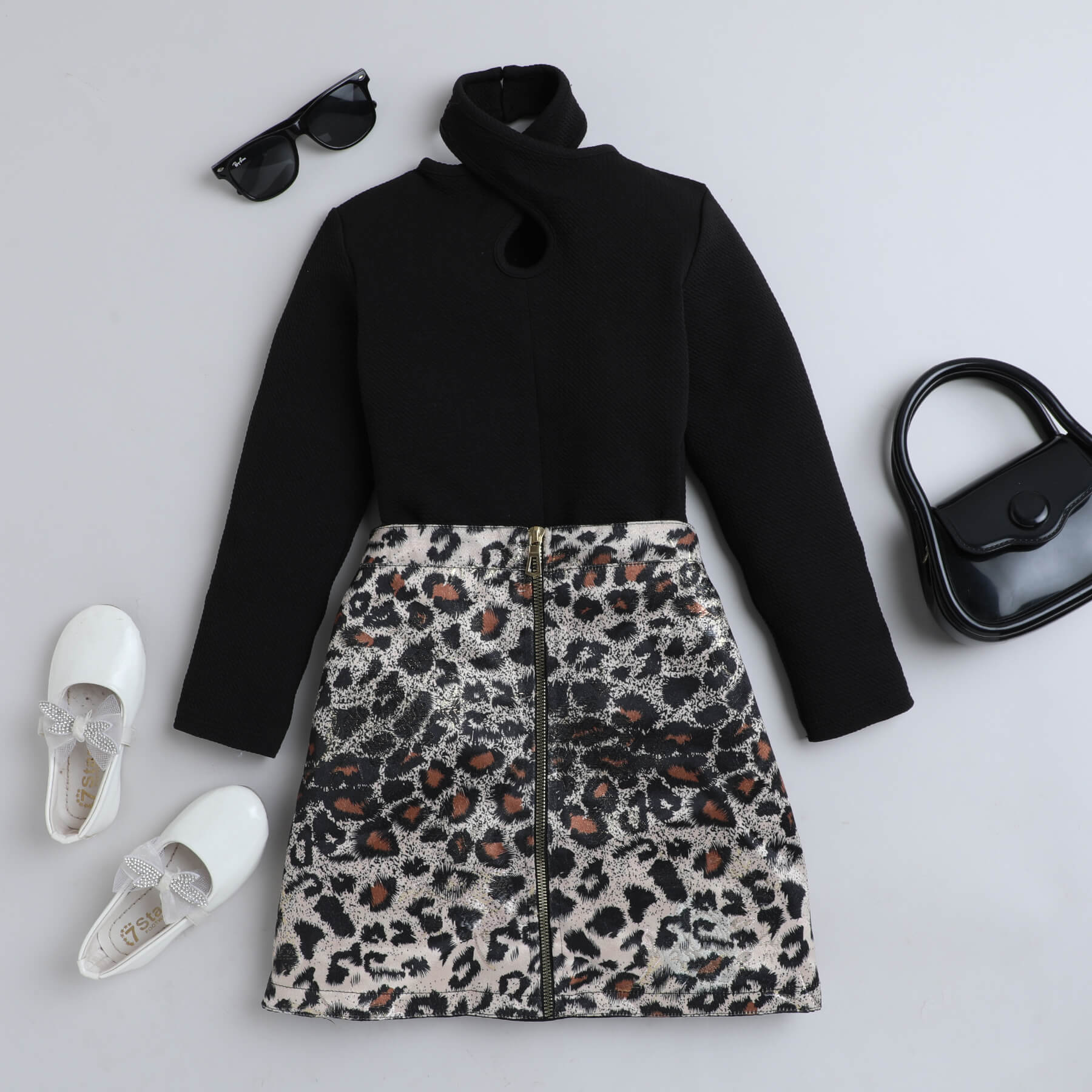 Solid Full sleeves cut-out detail top with Animal printed zipper skirt set-Black/Multi