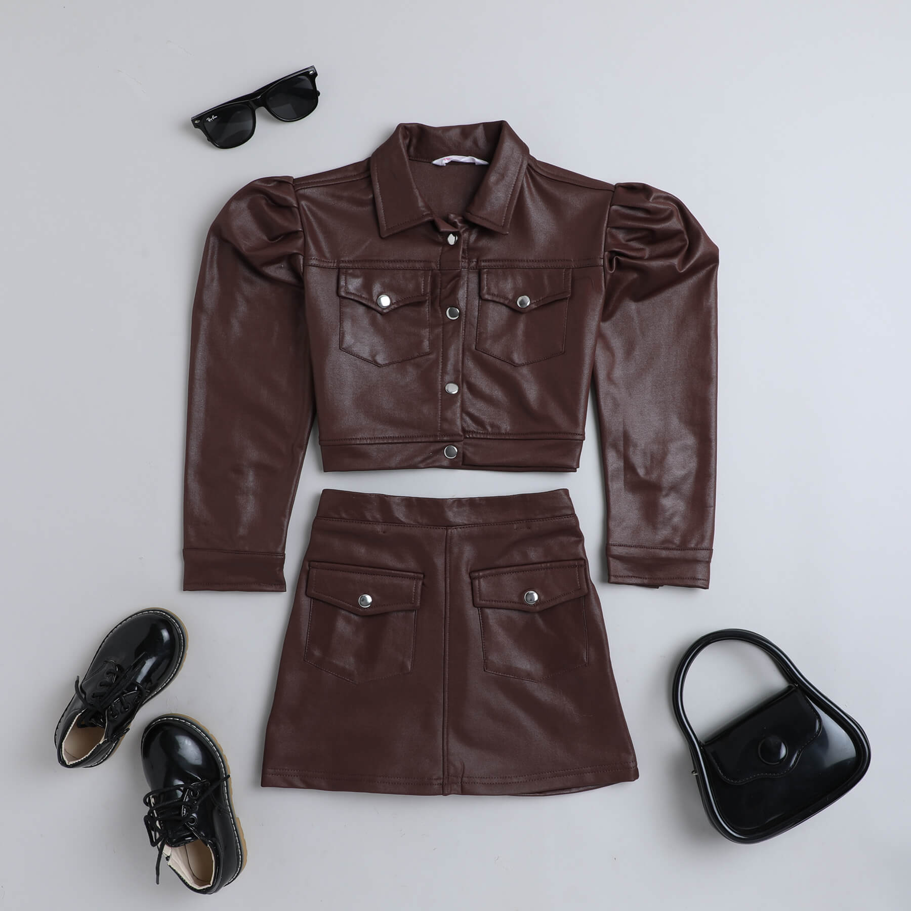 leather full sleeves pocket detail button up crop jacket and matching skirt set-Brown