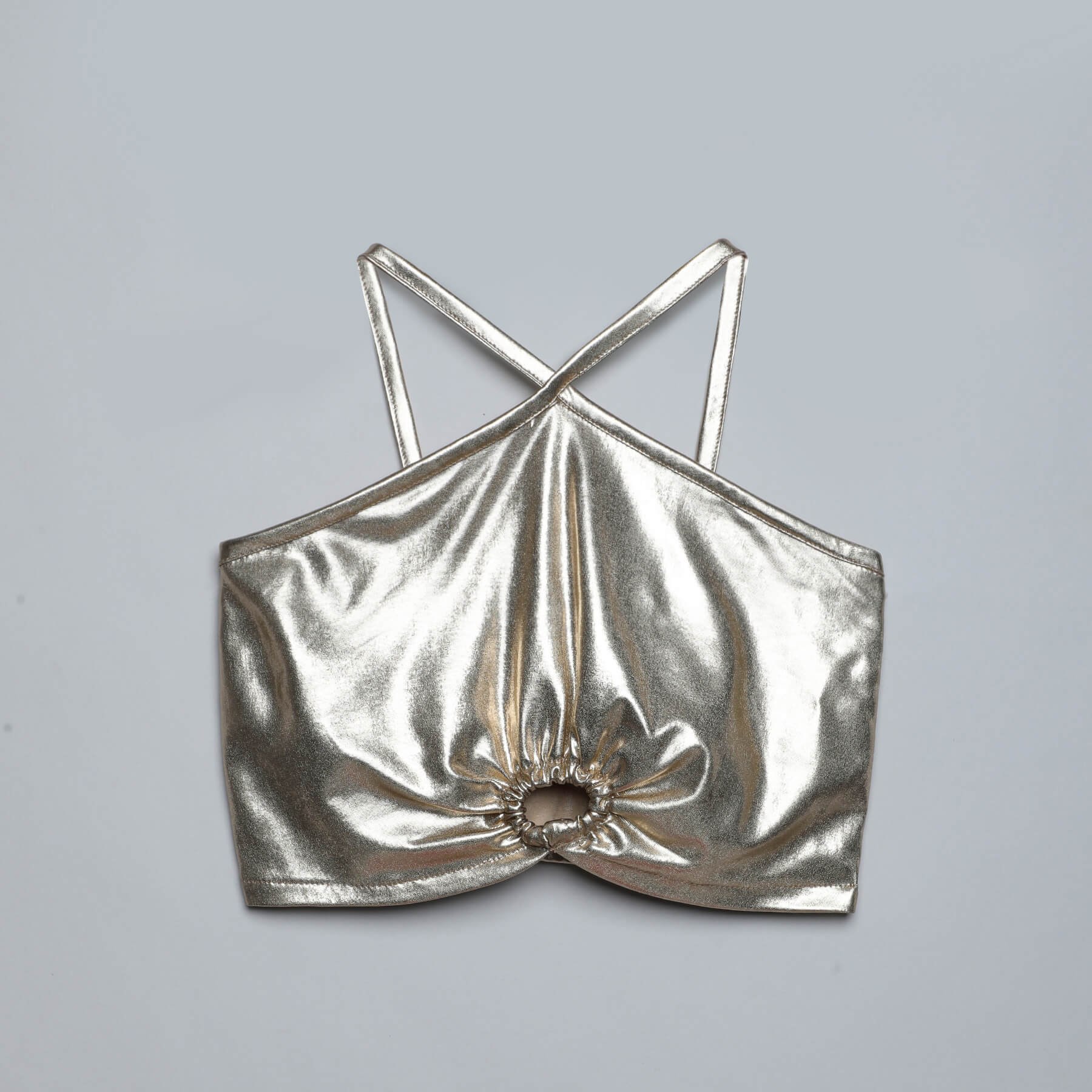 metallic sleeveless cut out party crop top-Gold