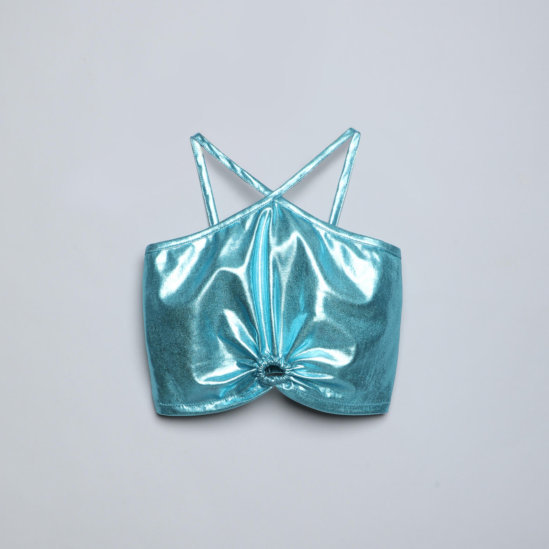 metallic sleeveless cut out party crop top-Blue