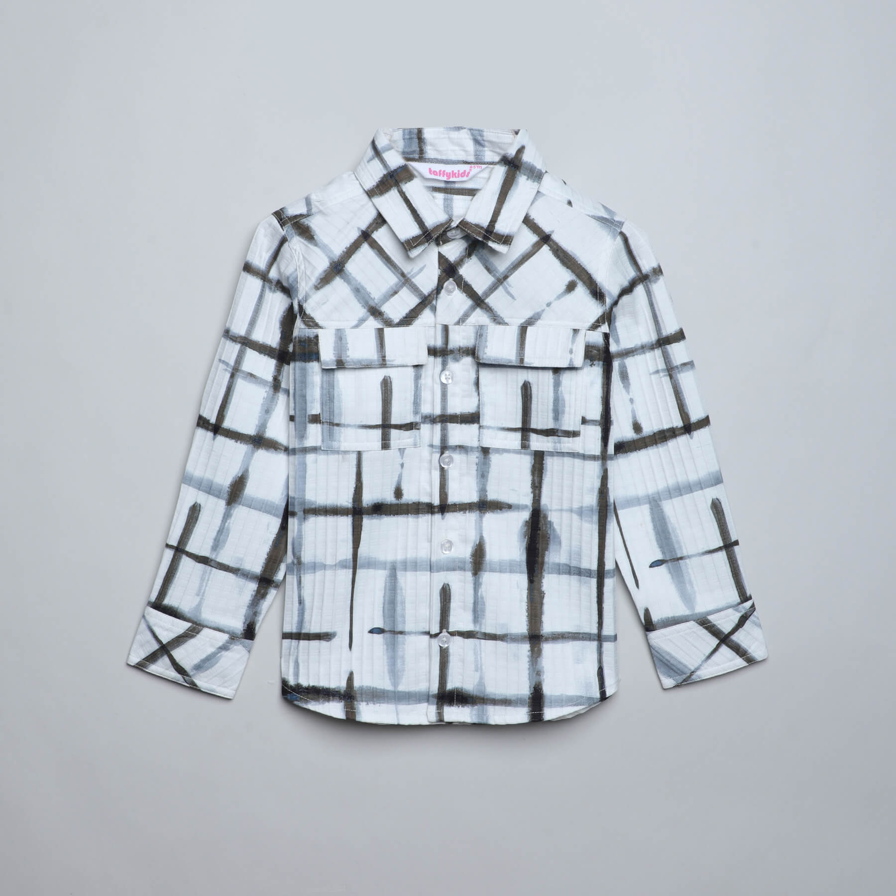 full sleeves checkered shacket with pocket details-White & Brown