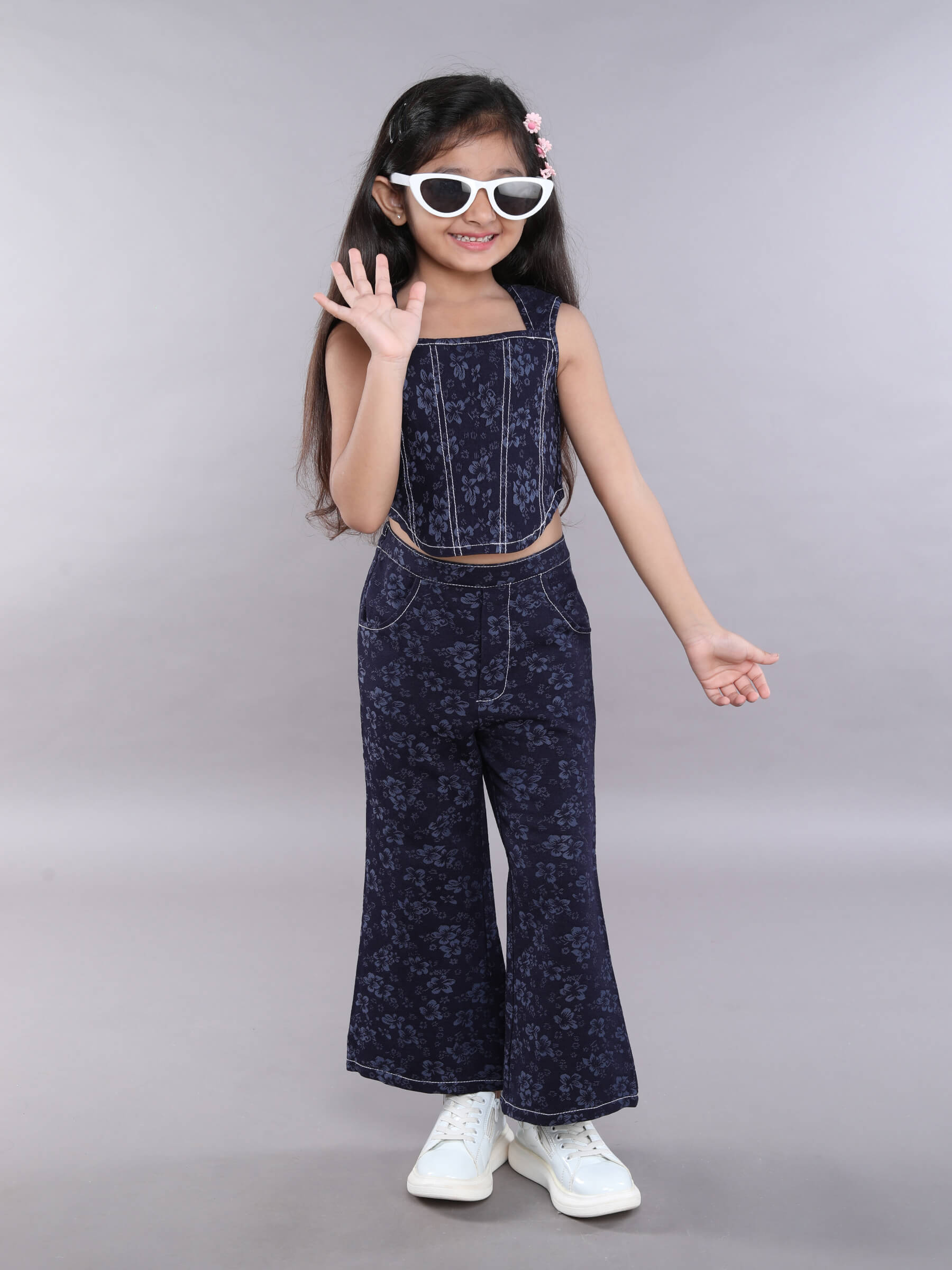 floral weave sleeveless stitch detail crop top and matching bell bottom pant set-navy