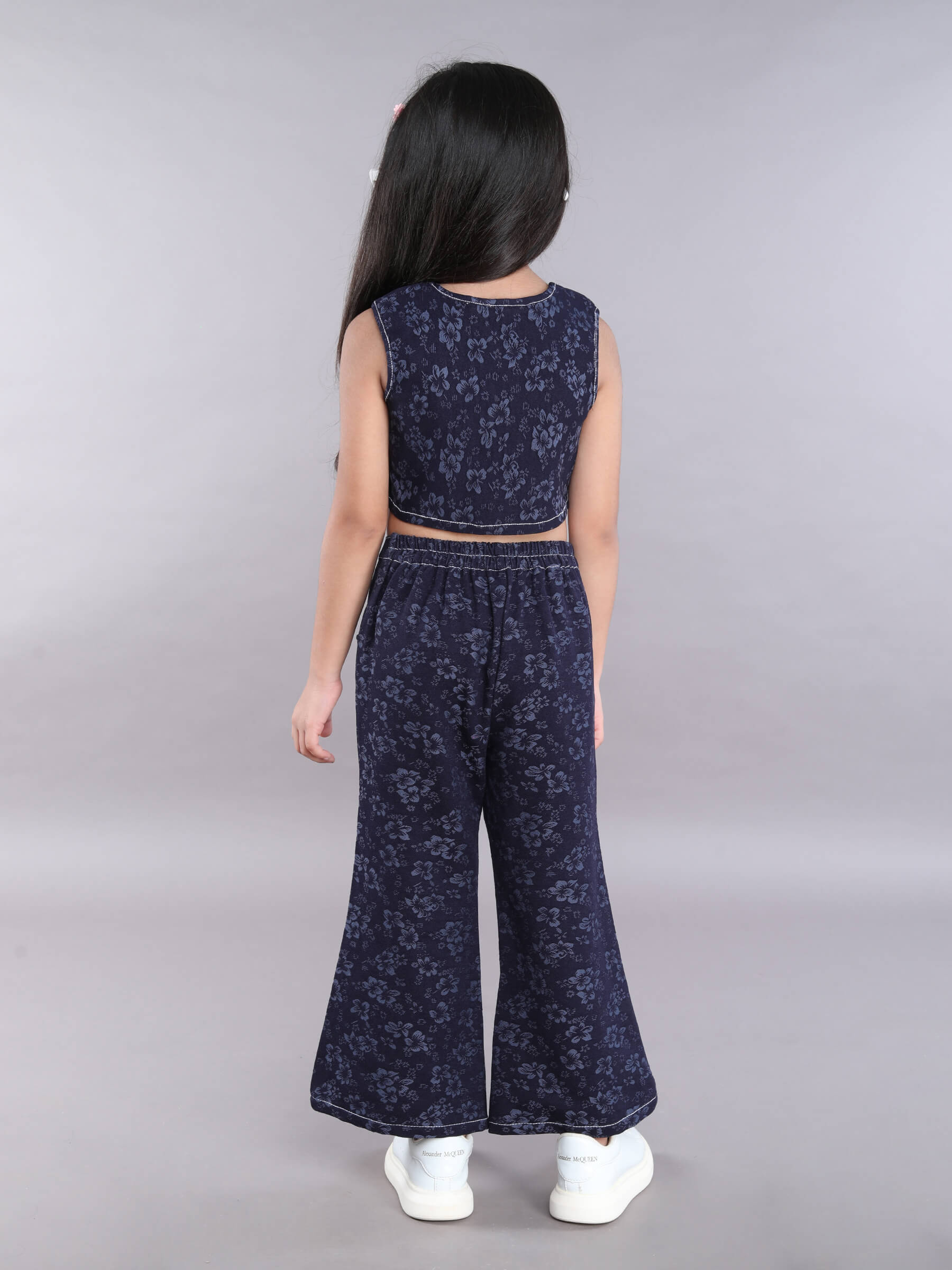 floral weave sleeveless stitch detail crop top and matching bell bottom pant set-navy