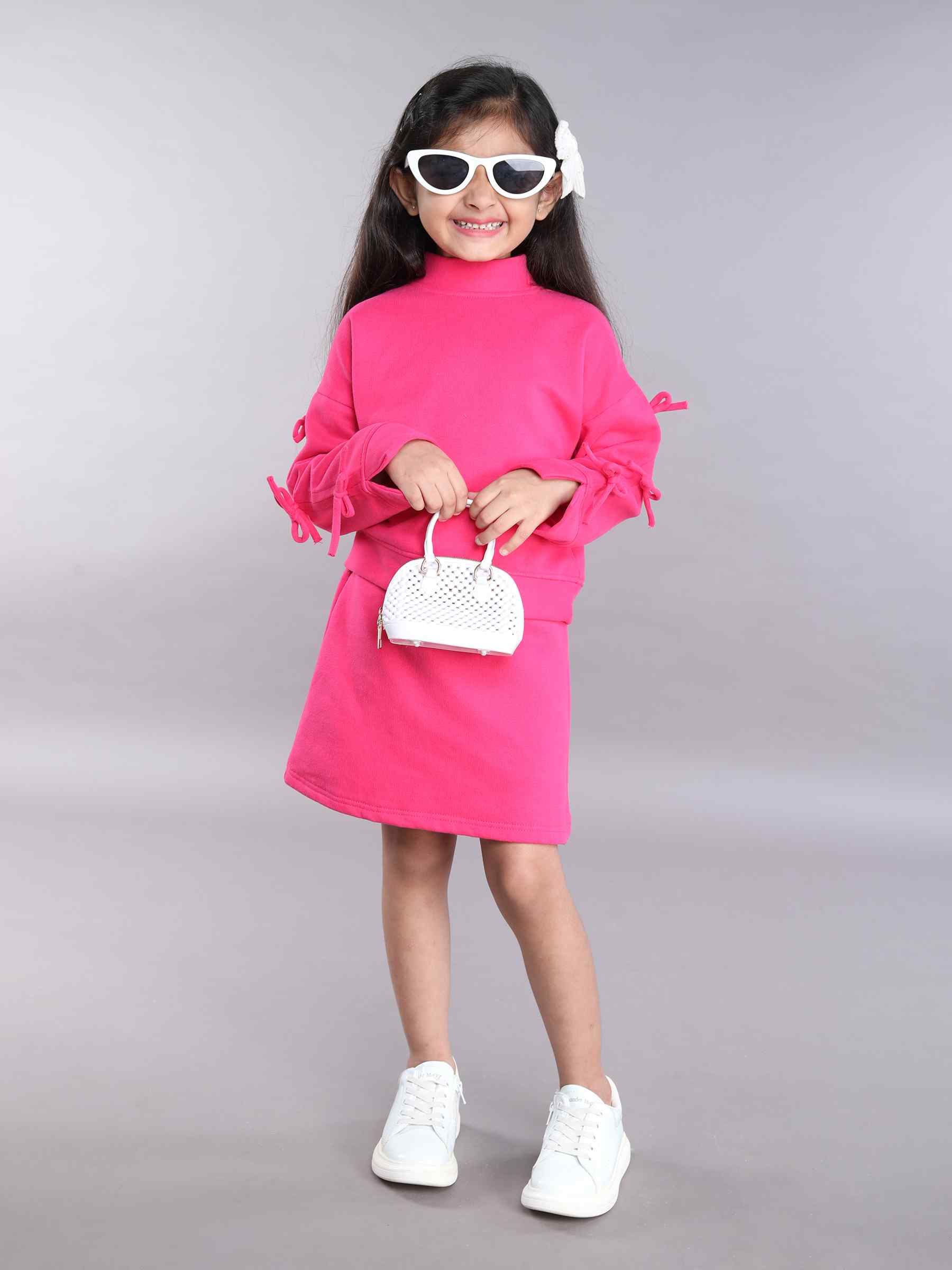 high neck bow detail full sleeves sweatshirt with matching skirt set-Pink