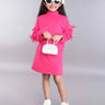 high neck bow detail full sleeves sweatshirt with matching skirt set-Pink