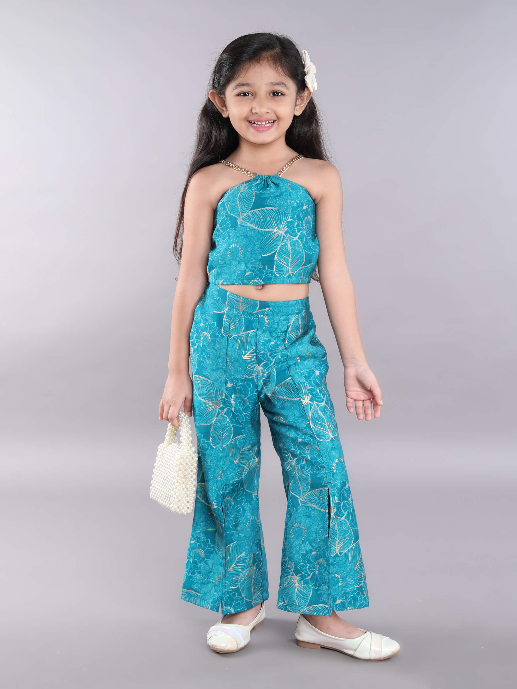 chain detailed crop top with matching front slit pant set - Teal