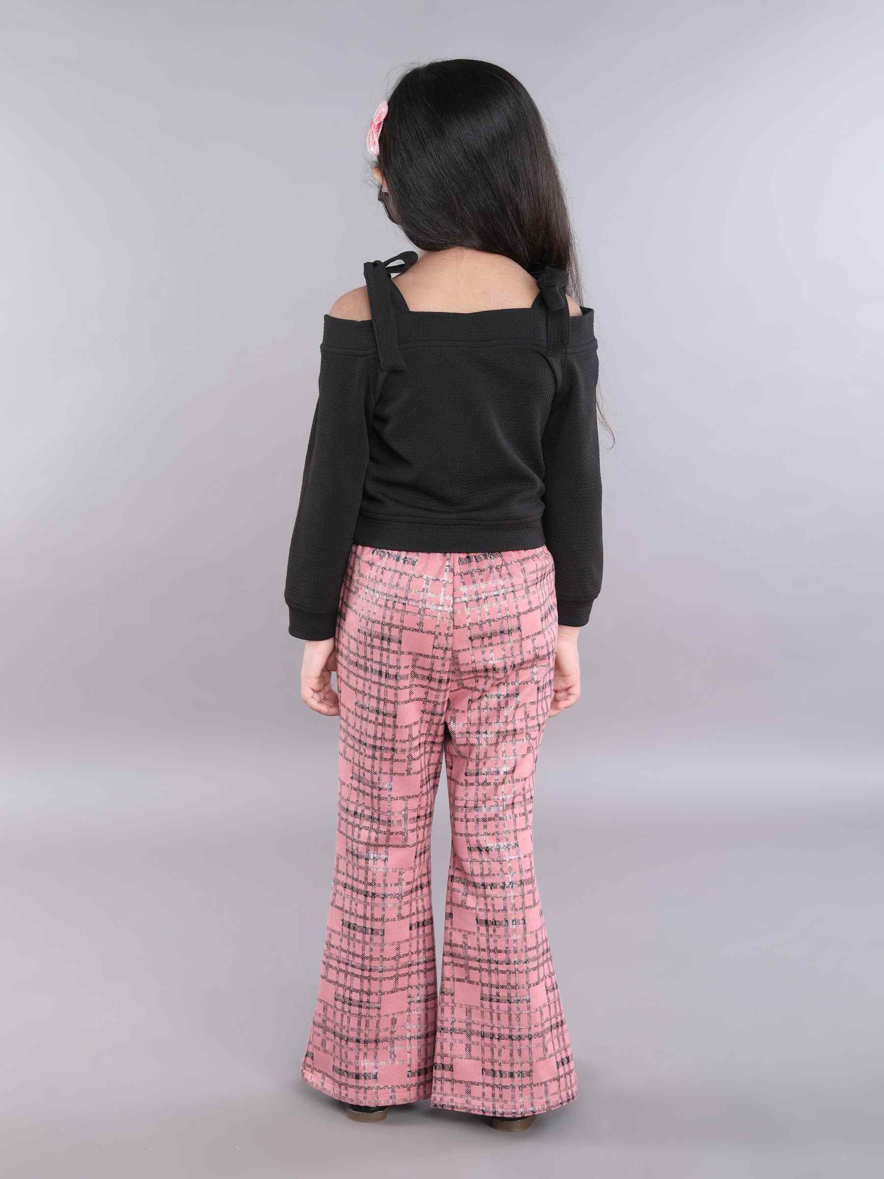 off- shoulder tie up detail full sleeves top and checks printed slit pant set-black/Mauve