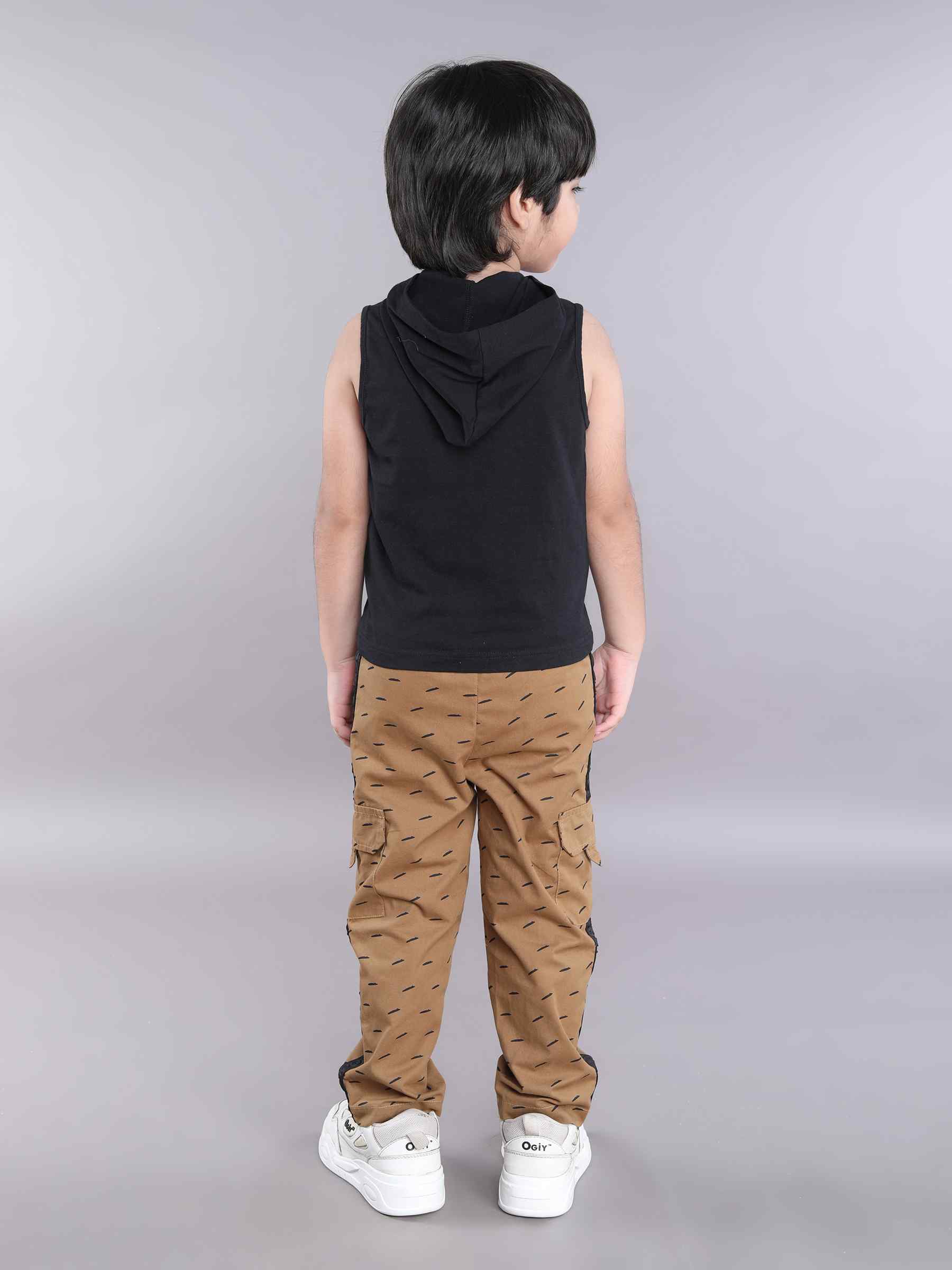 Pocket detail sleeveless hoodie and abstract printed tape detail cargo pant set-Mustard/black