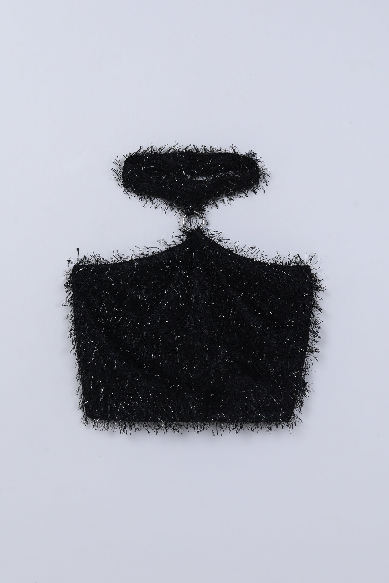 fur knit sleeveless Ring detail halter neck crop top-Black