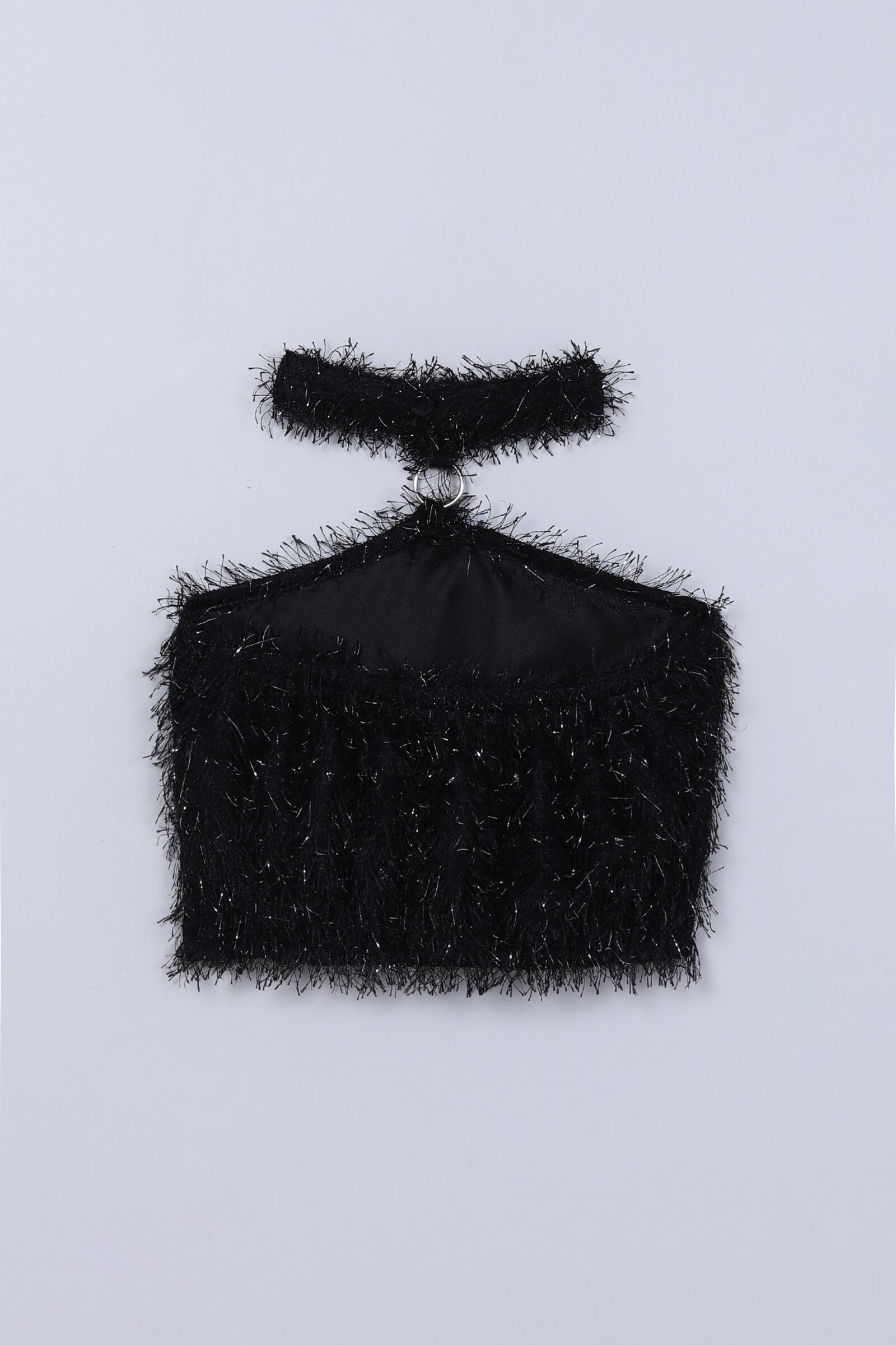 fur knit sleeveless Ring detail halter neck crop top-Black