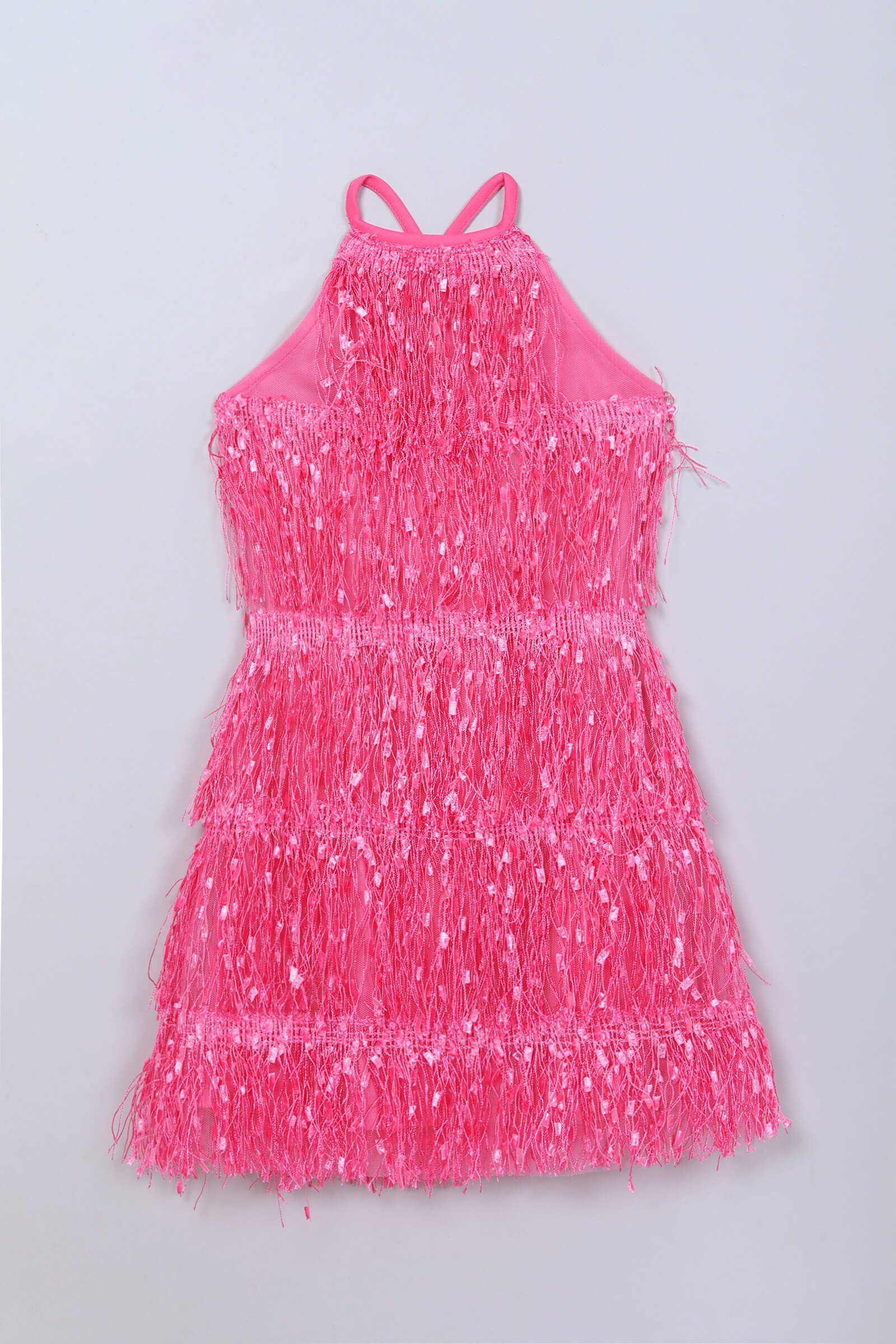 knit sleeveless halter neck fringe dress- Pink