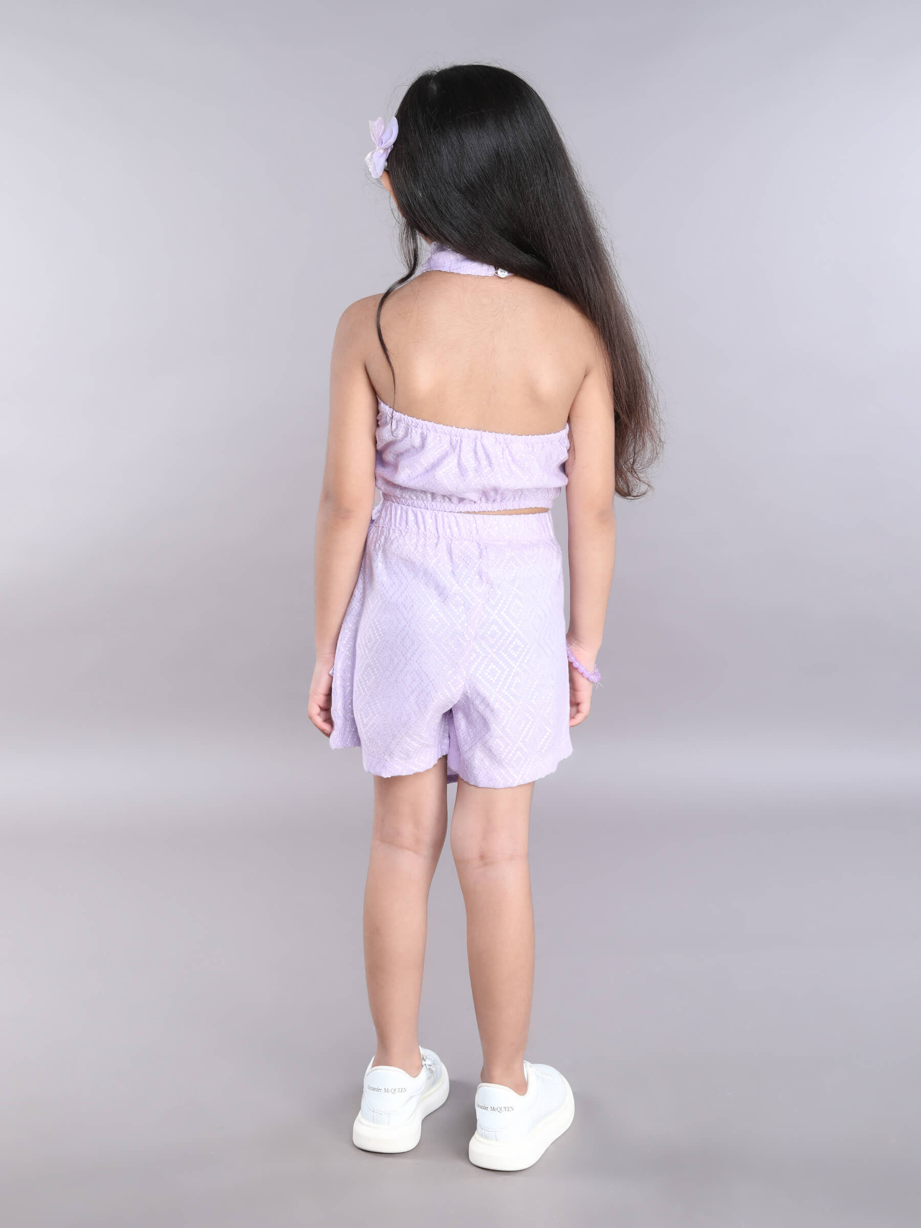 dobby design halter neck crop top and matching skort set-Lilac