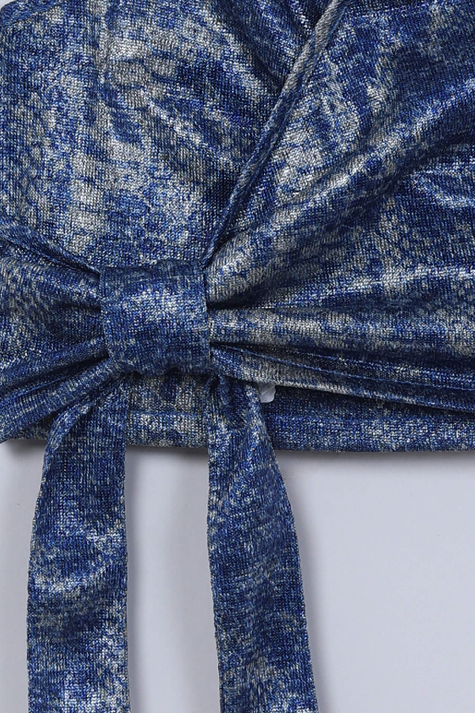 Knit sleeveless printed Ring detail halter neck crop top- Blue & grey