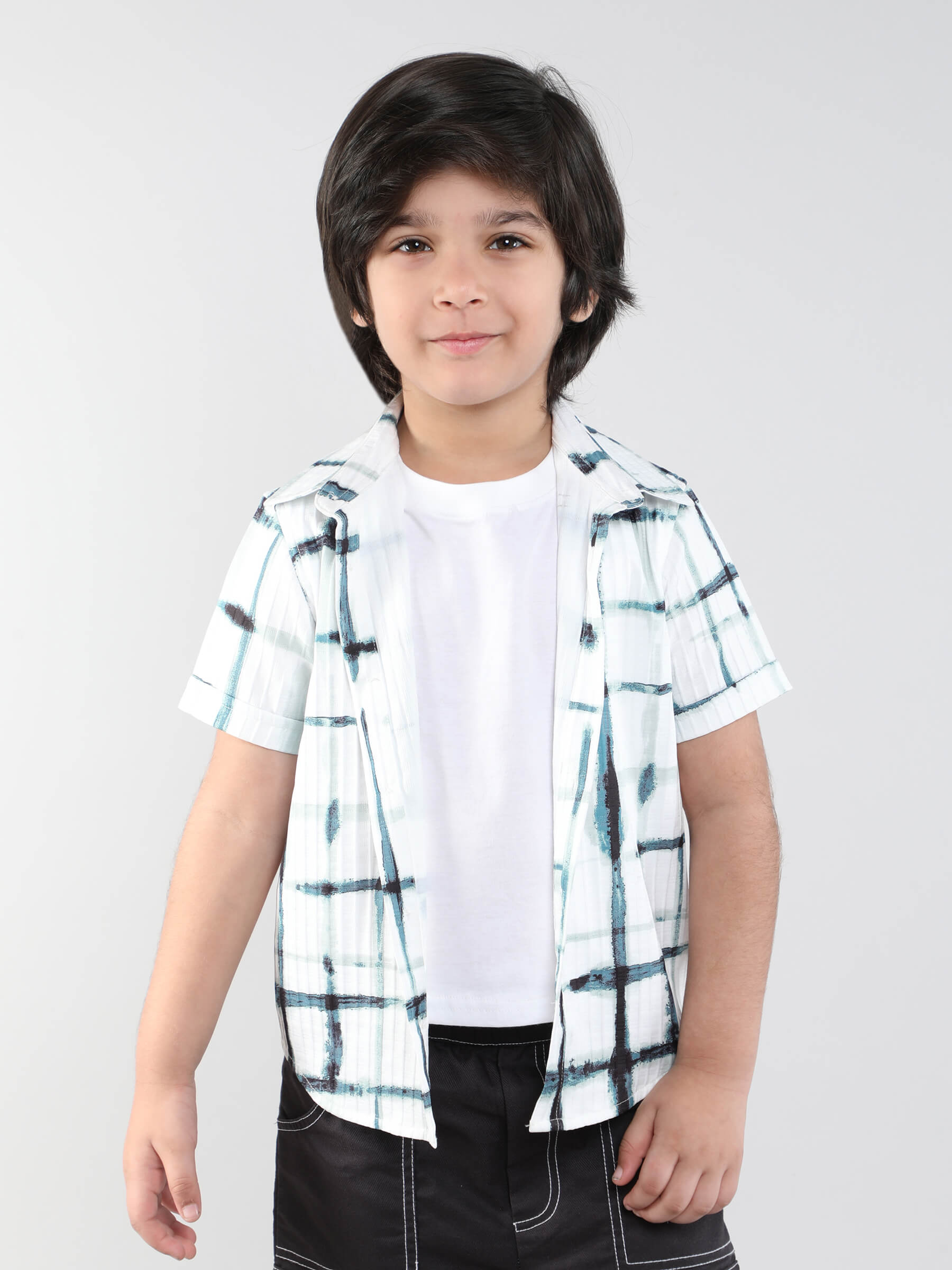 checks printed half sleeves shirt with attached tee-White/multi