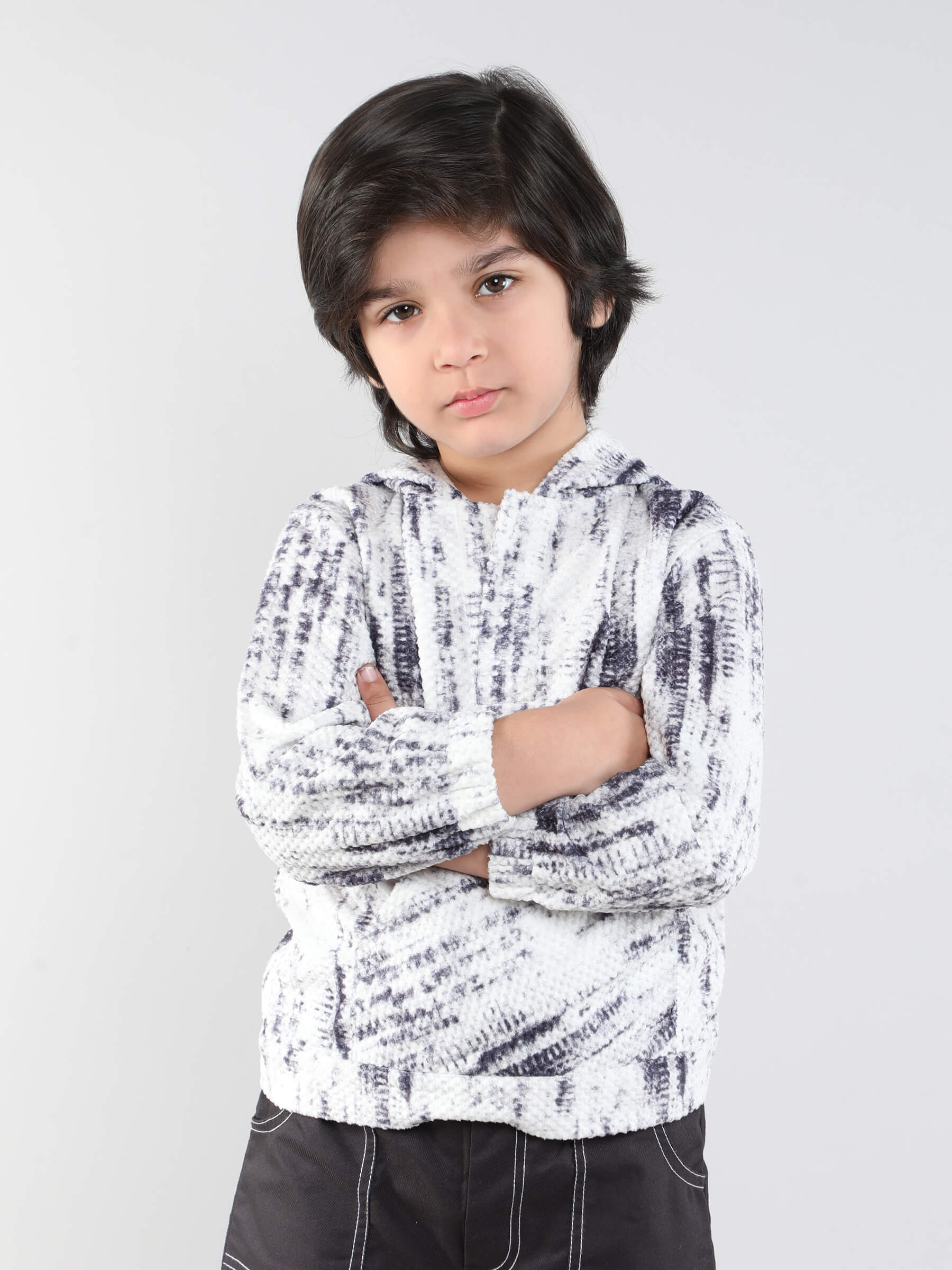 Abstract Printed velvet embossed full sleeves pocket Hoodie-Off white & blue