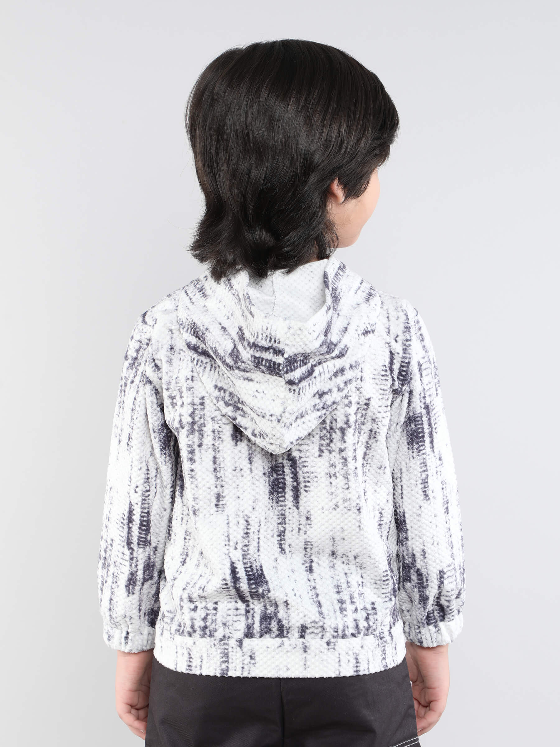 Abstract Printed velvet embossed full sleeves pocket Hoodie-Off white & blue