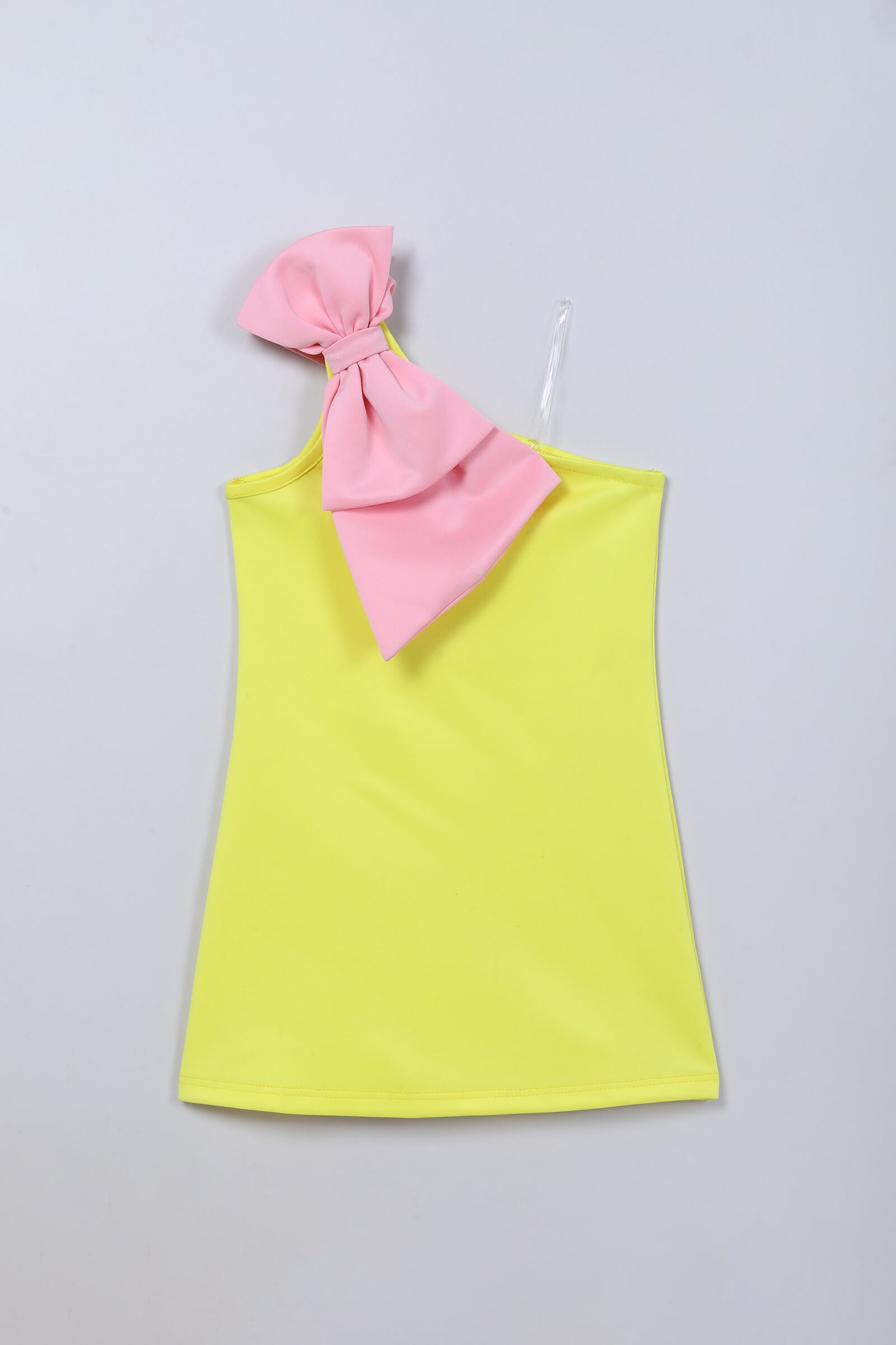 knit sleeveless contrast bow detail one shoulder dress- Yellow & Pink