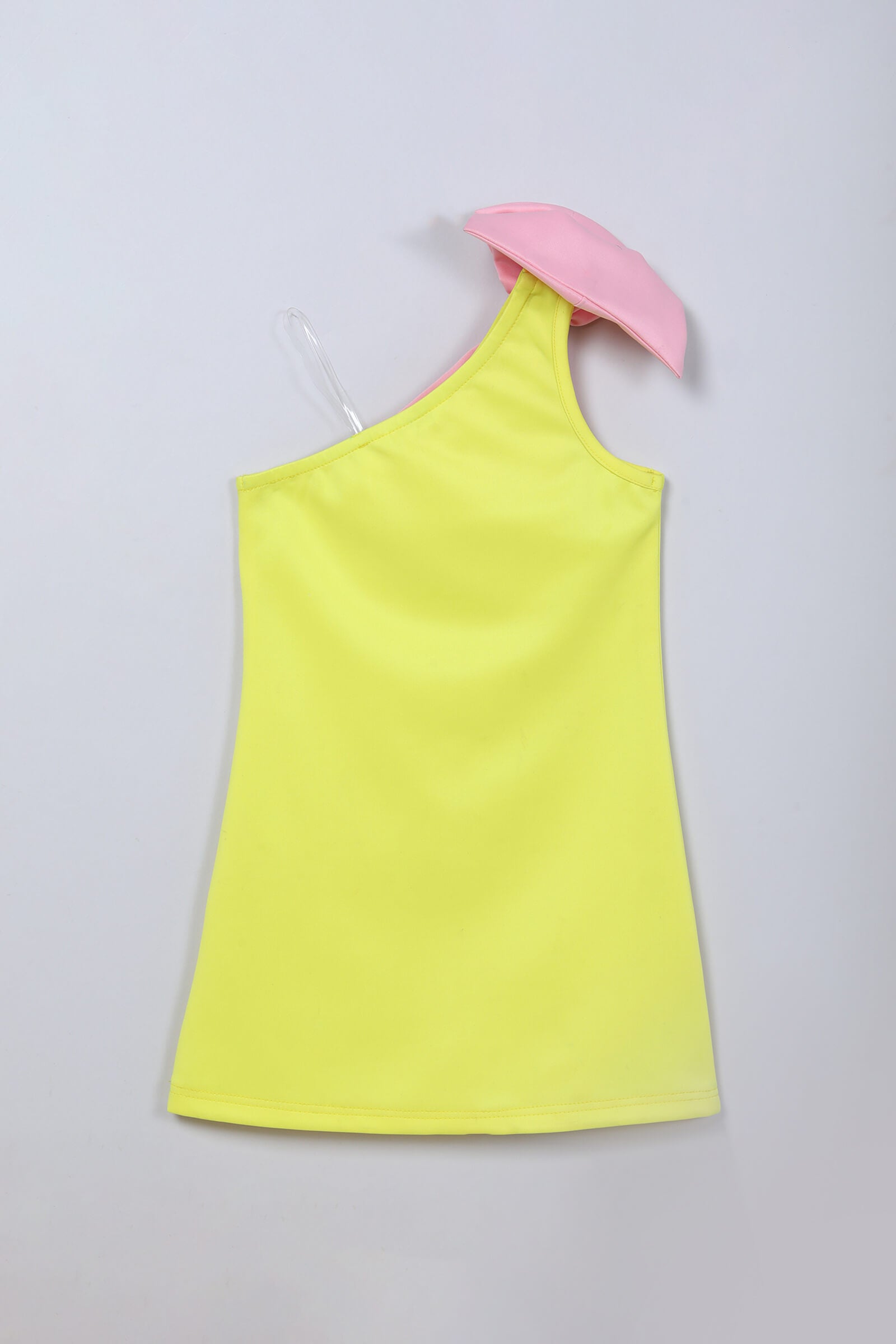 knit sleeveless contrast bow detail one shoulder dress- Yellow & Pink