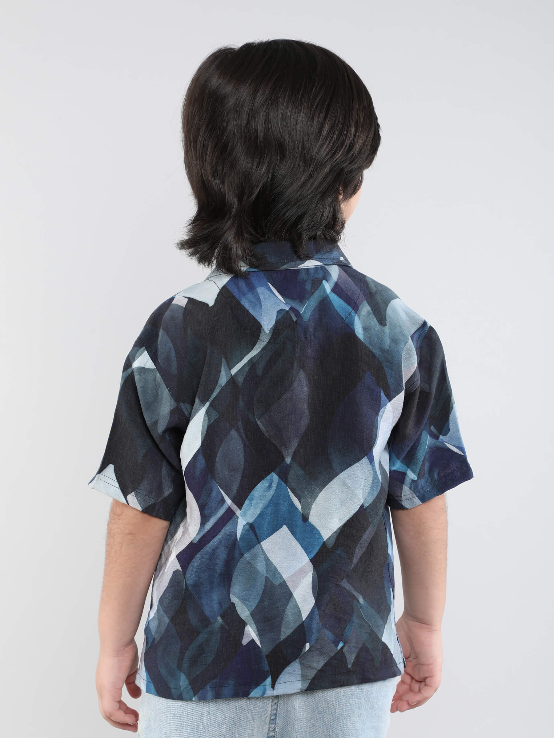 geometric printed half sleeves oversized shirt-Blue/multi