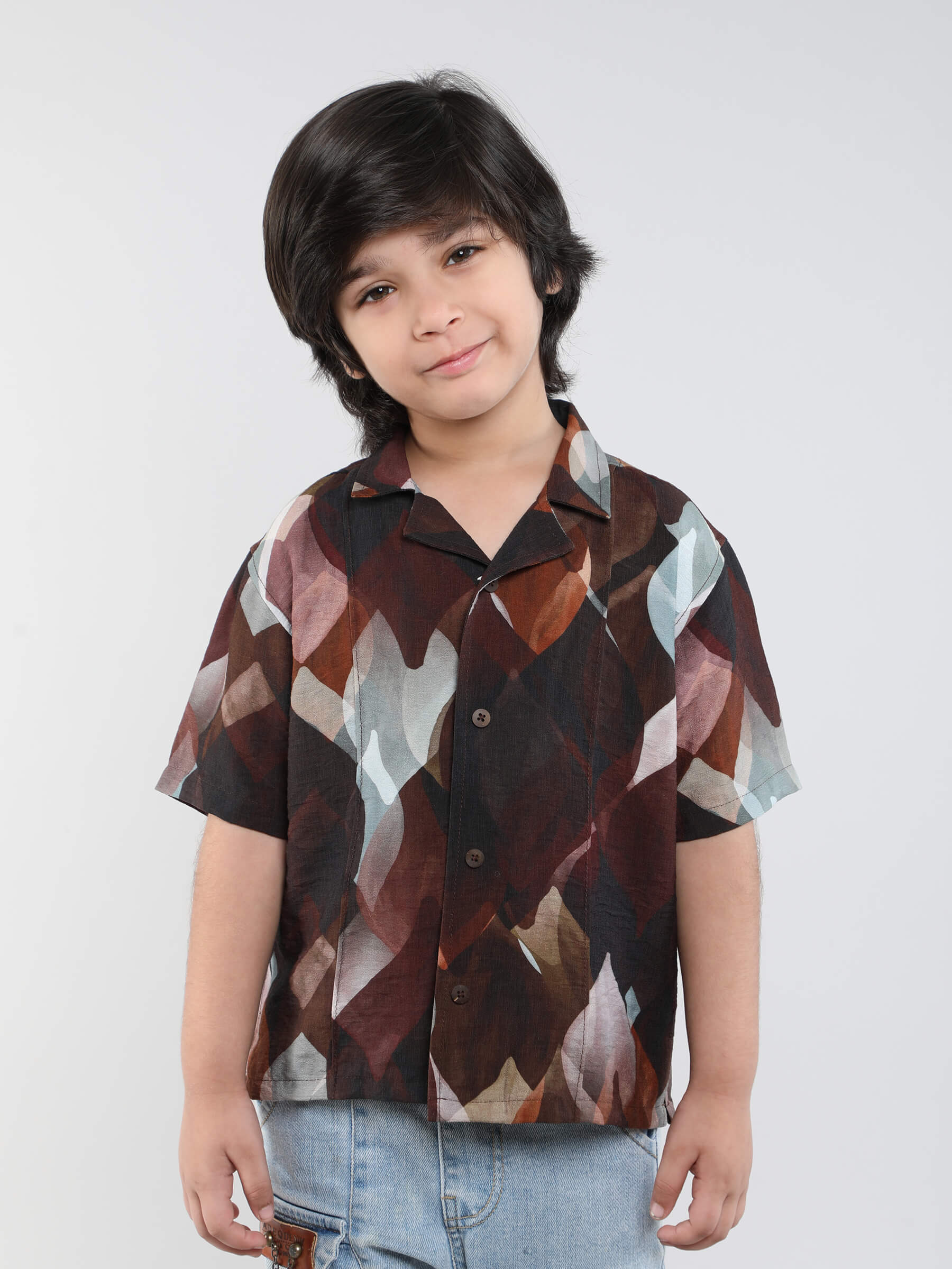 geometric printed half sleeves oversized shirt-Brown/Multi