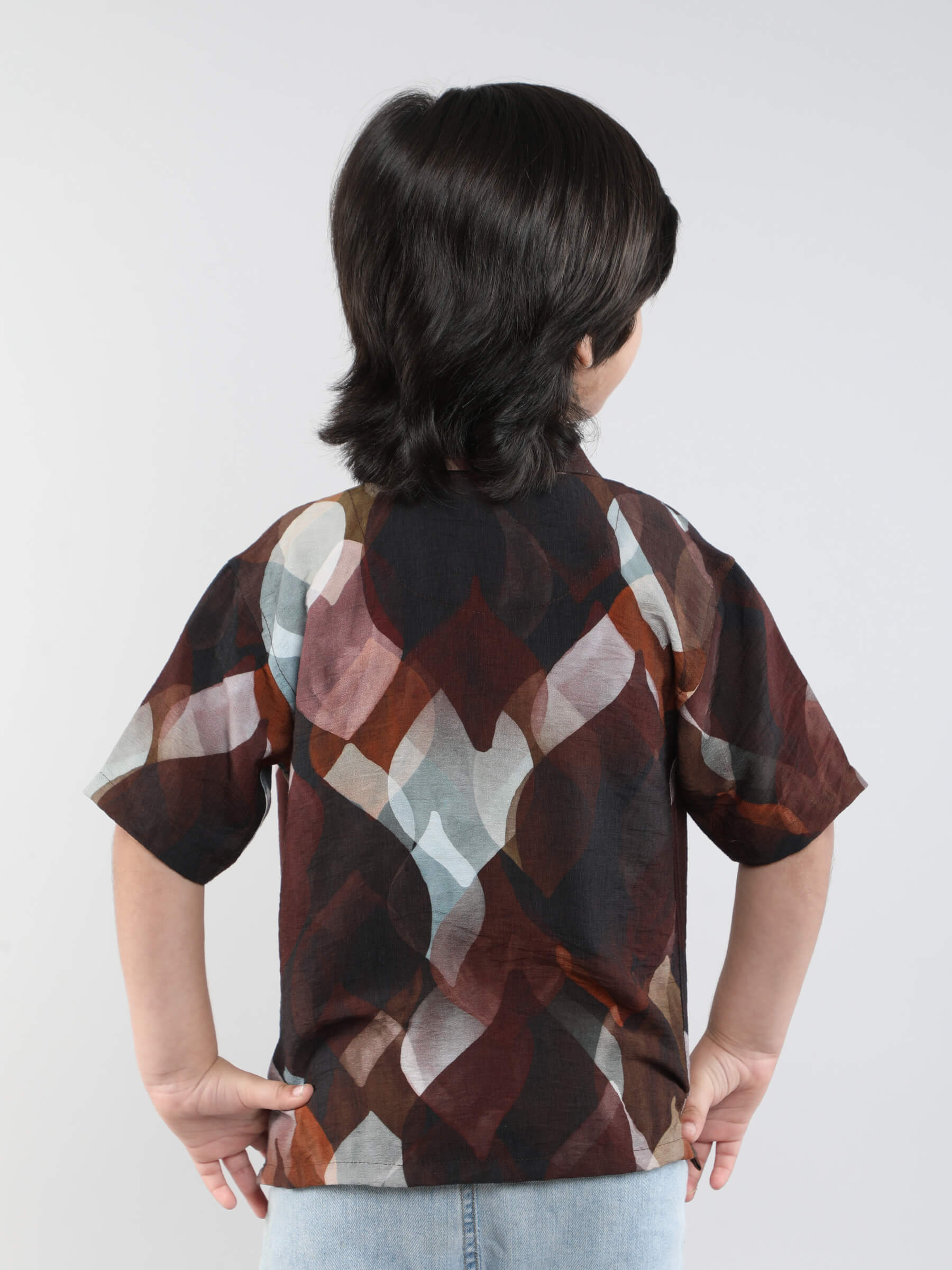 geometric printed half sleeves oversized shirt-Brown/Multi