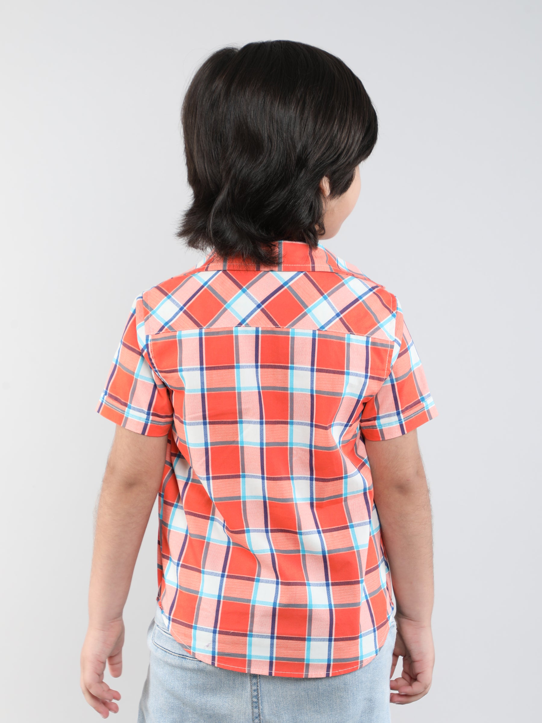 100% cotton Checkered half sleeves shirt with attached tee-Orange/Multi