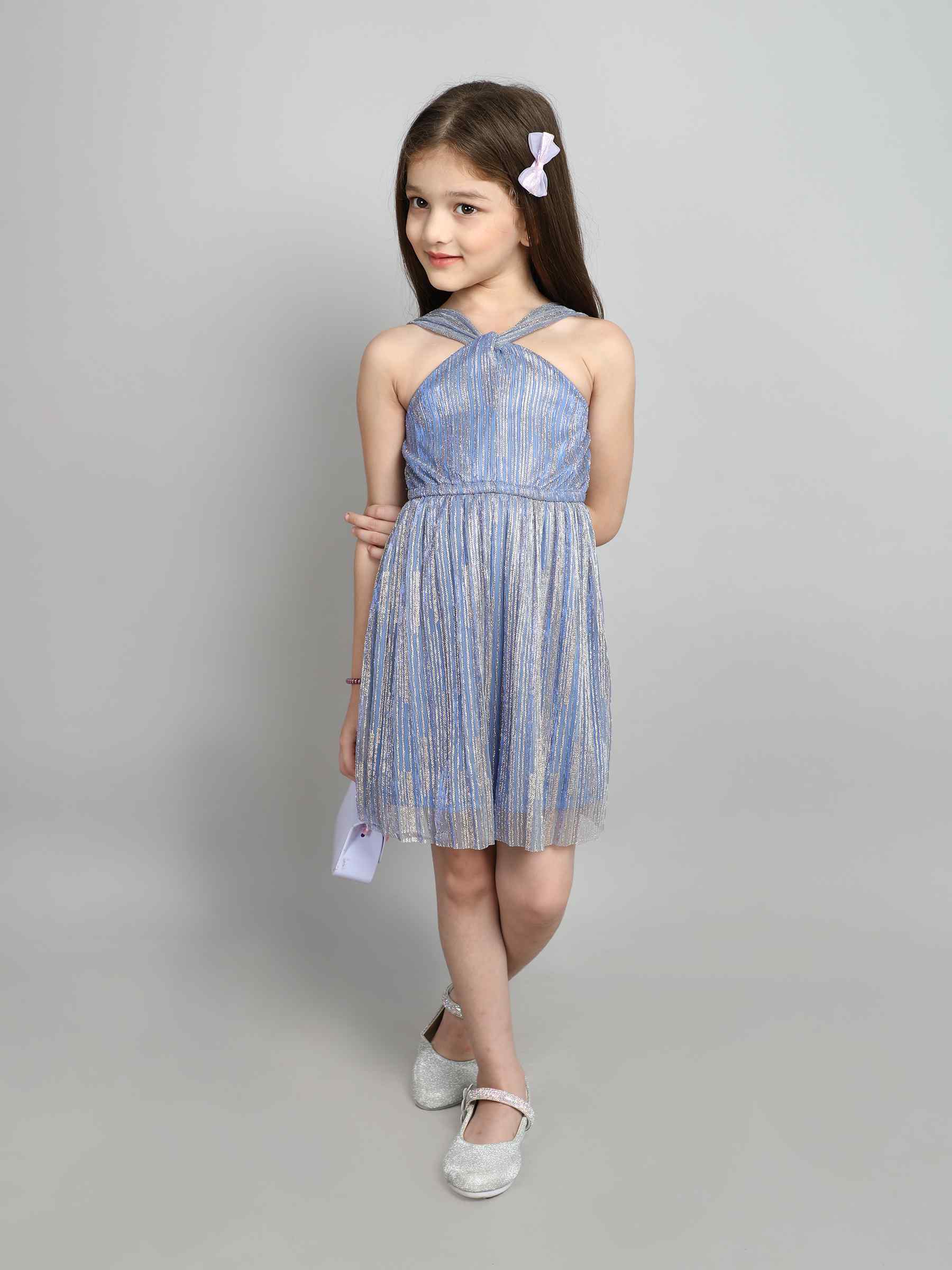 stripes lurex knotted halter neck party dress-Blue