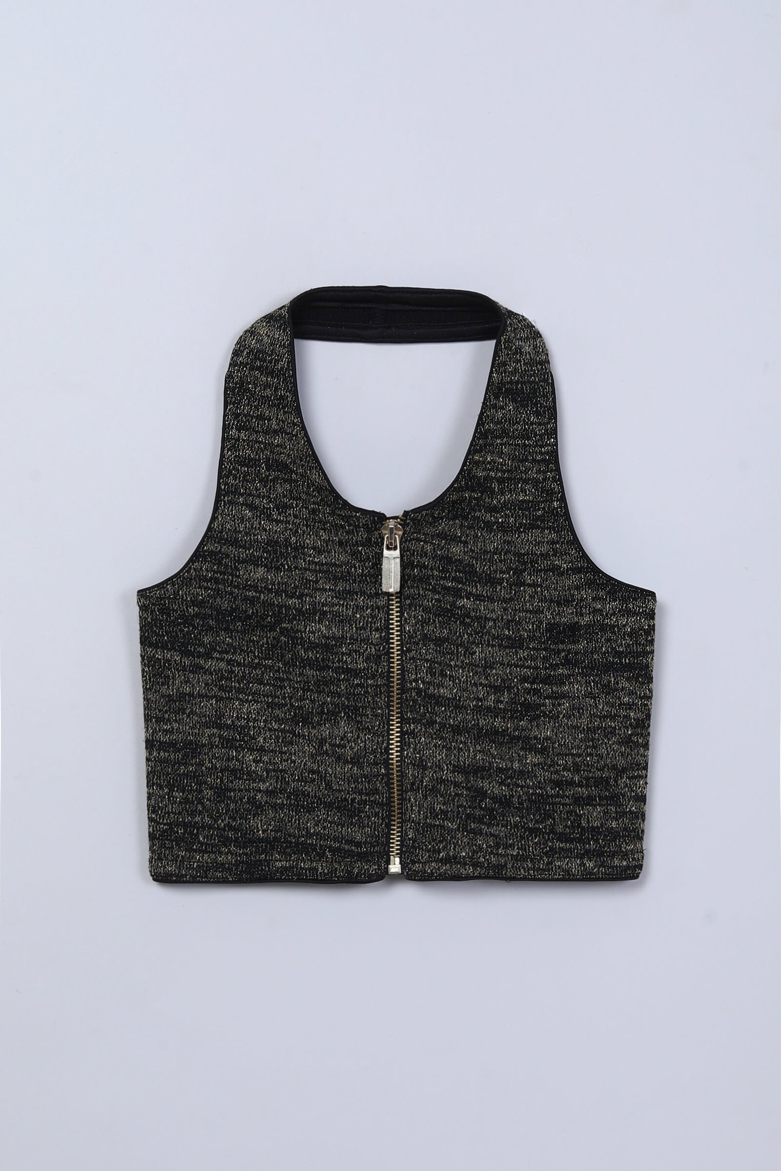 knit sleeveless lurex embellish zip up crop top and matching skirt set-Black & Gold