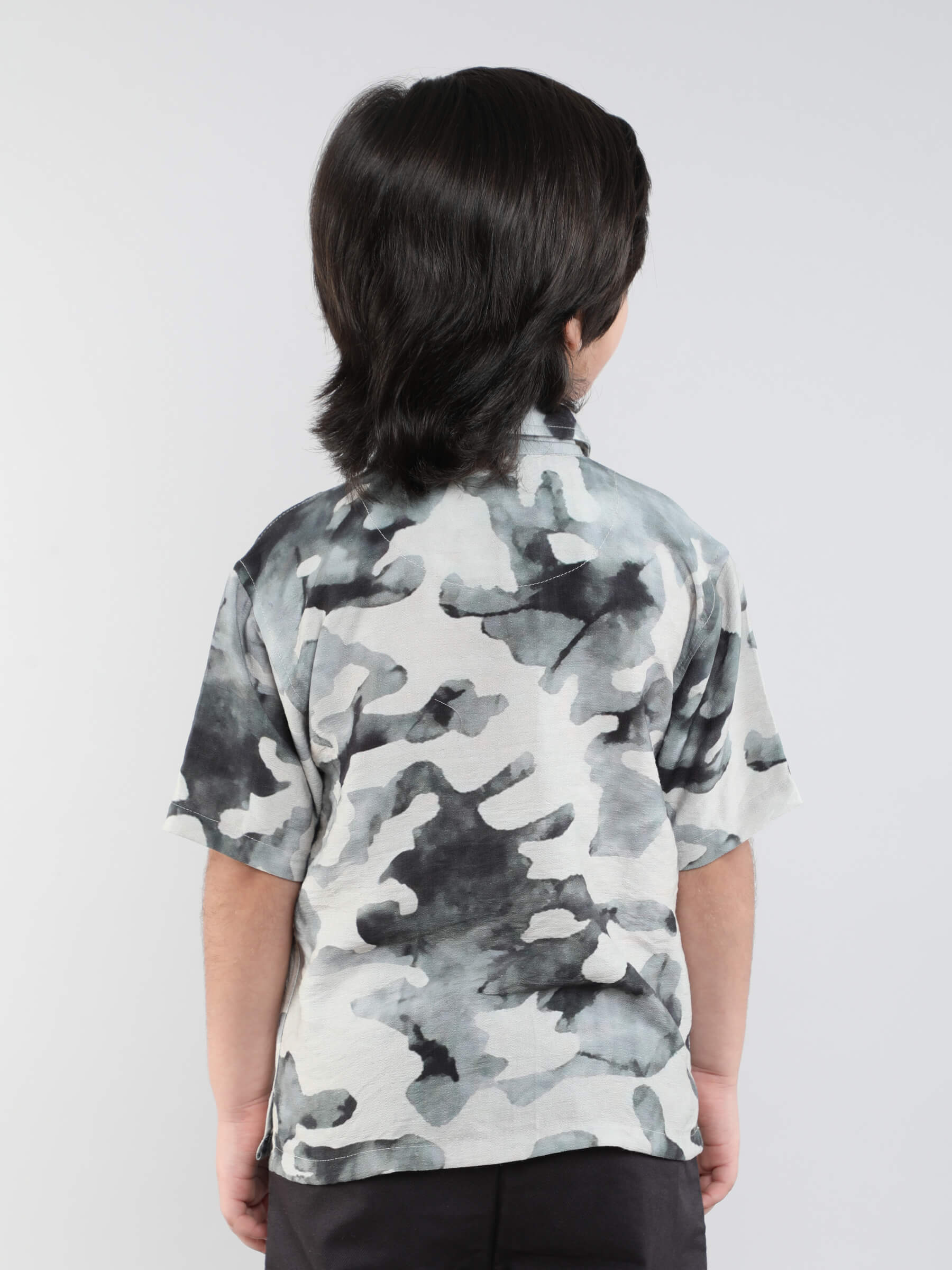 Abstract Printed Half Sleeves Oversized Shirt- Green & Grey