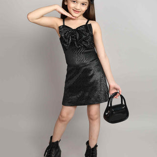 weave foil printed back tie-up bow detail Aline party dress-Black