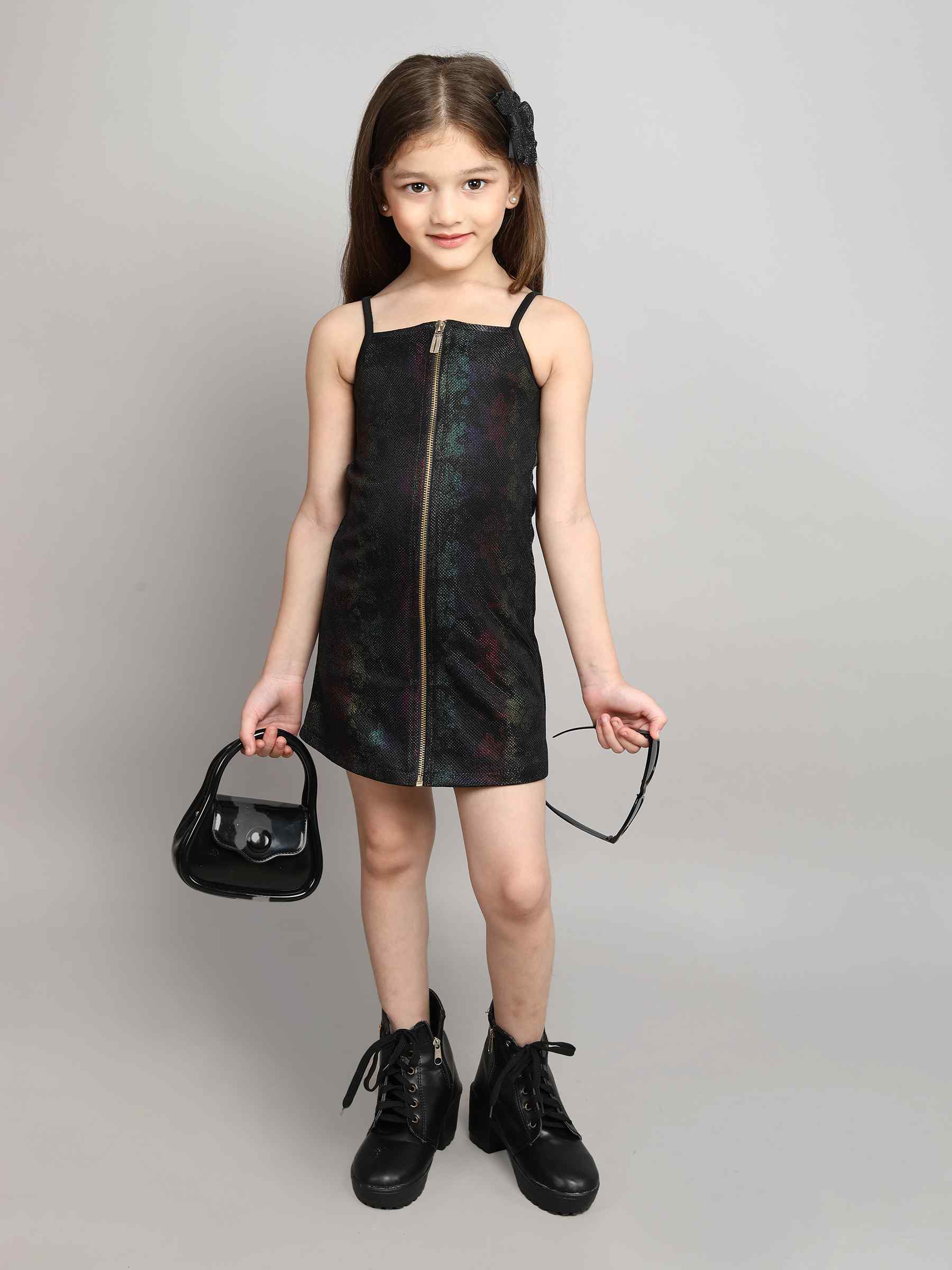 foil printed front zip up singlet party dress-Black/Multi