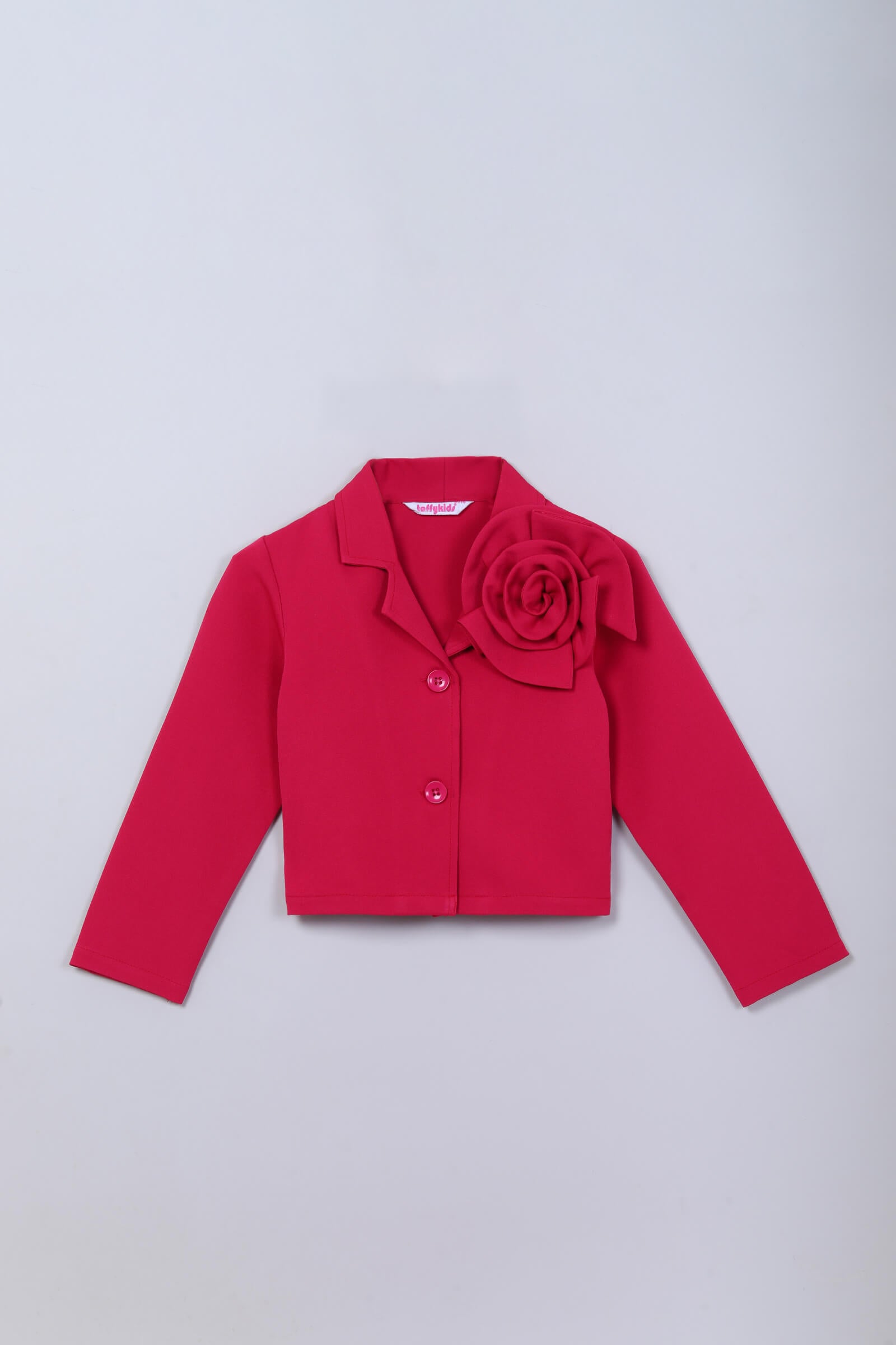 woven full sleeve flower detail crop blazer and Matching skirt set- Hot pink