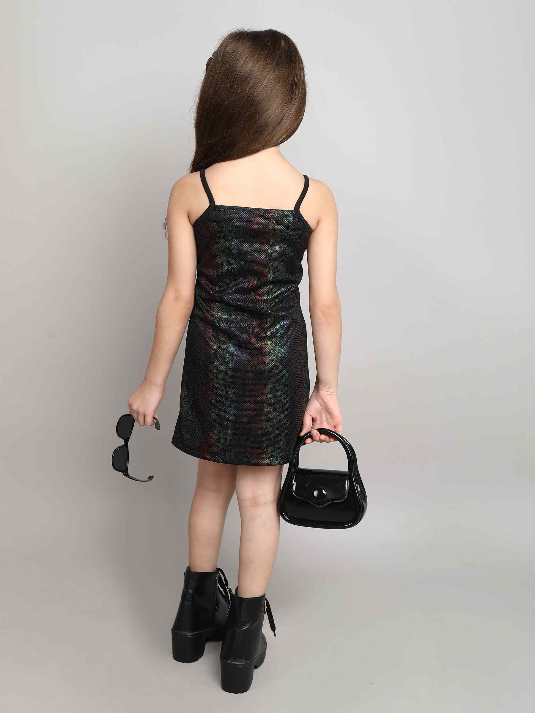 foil printed front zip up singlet party dress-Black/Multi