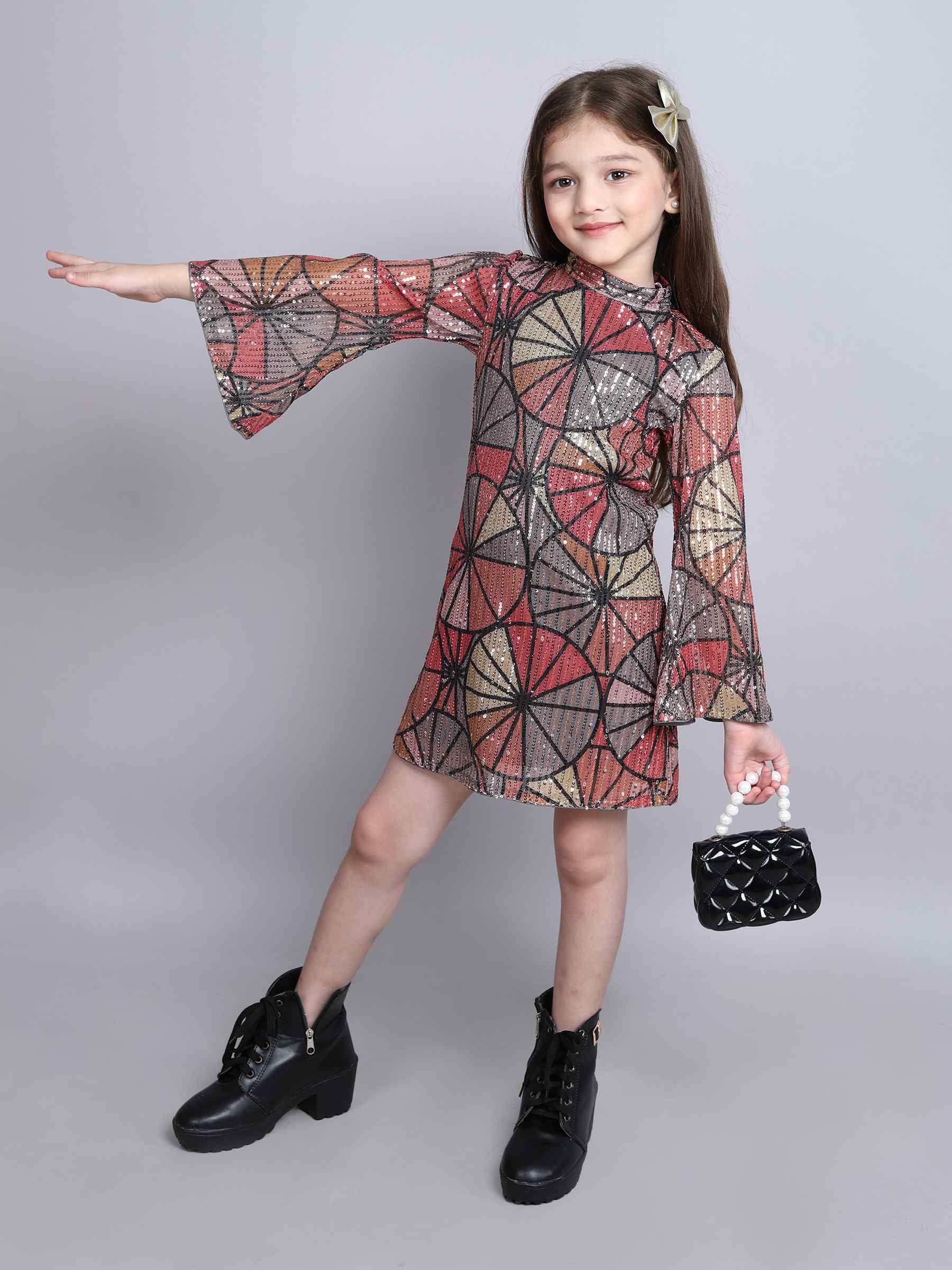 sequins embellished geometric printed full sleeves Aline party dress-Multi