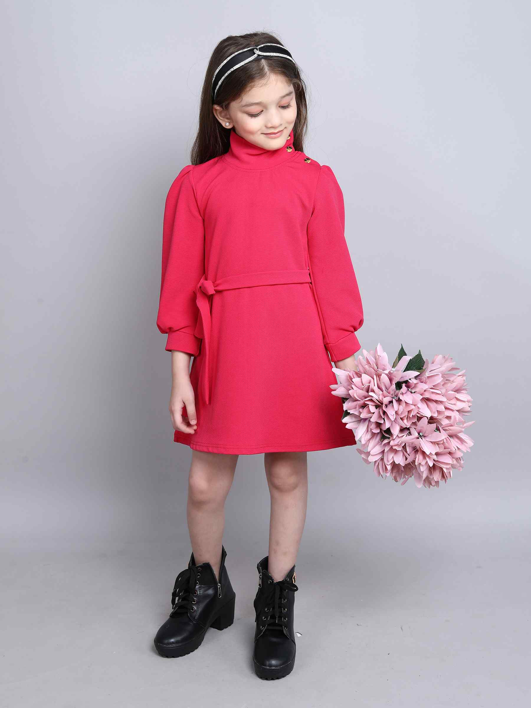 textured high neck full sleeves A-line dress with belt-Pink