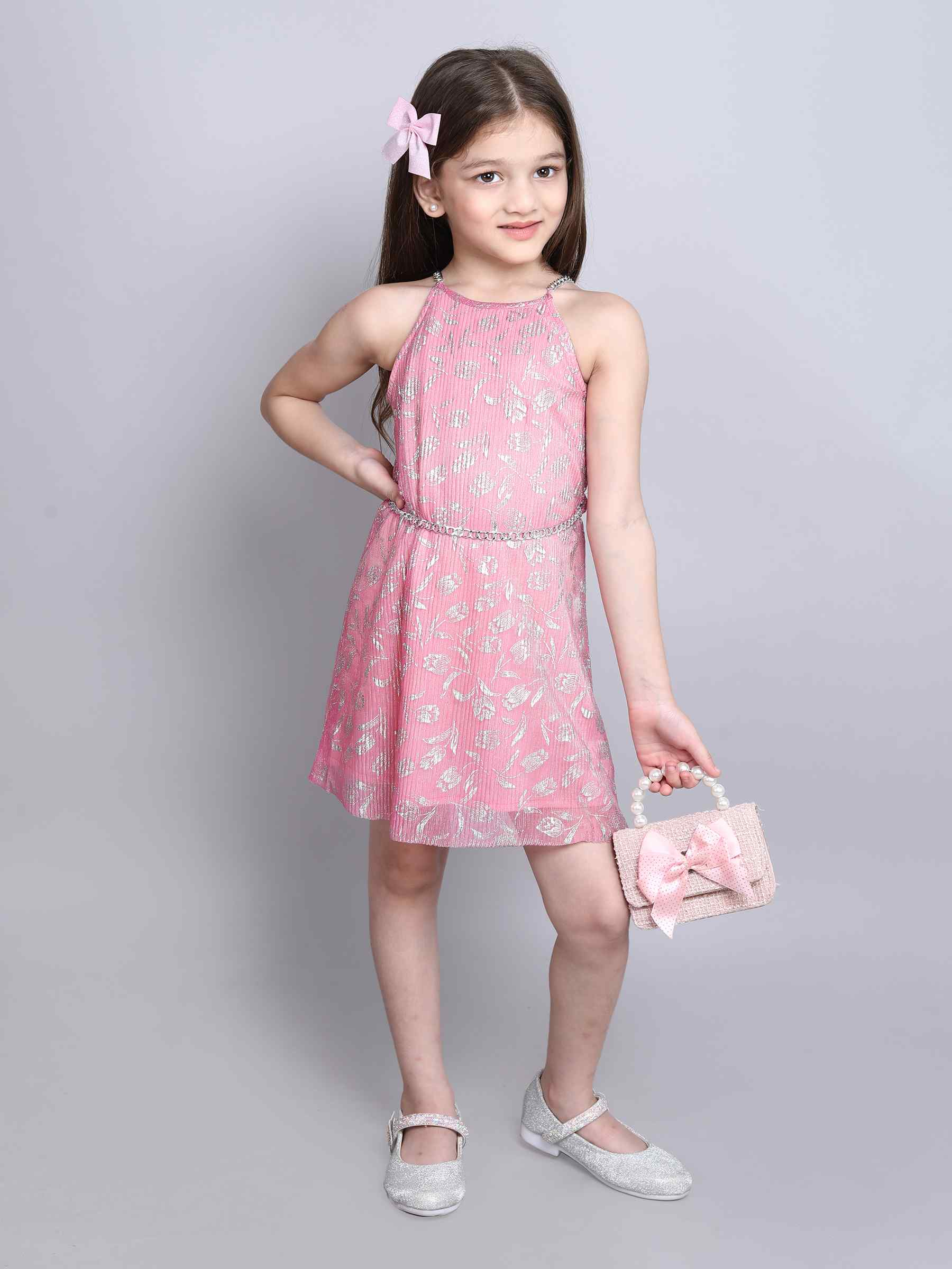 foil printed pleated halter neck Aline party dress with belt-Pink