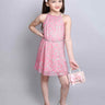 foil printed pleated halter neck Aline party dress with belt-Pink