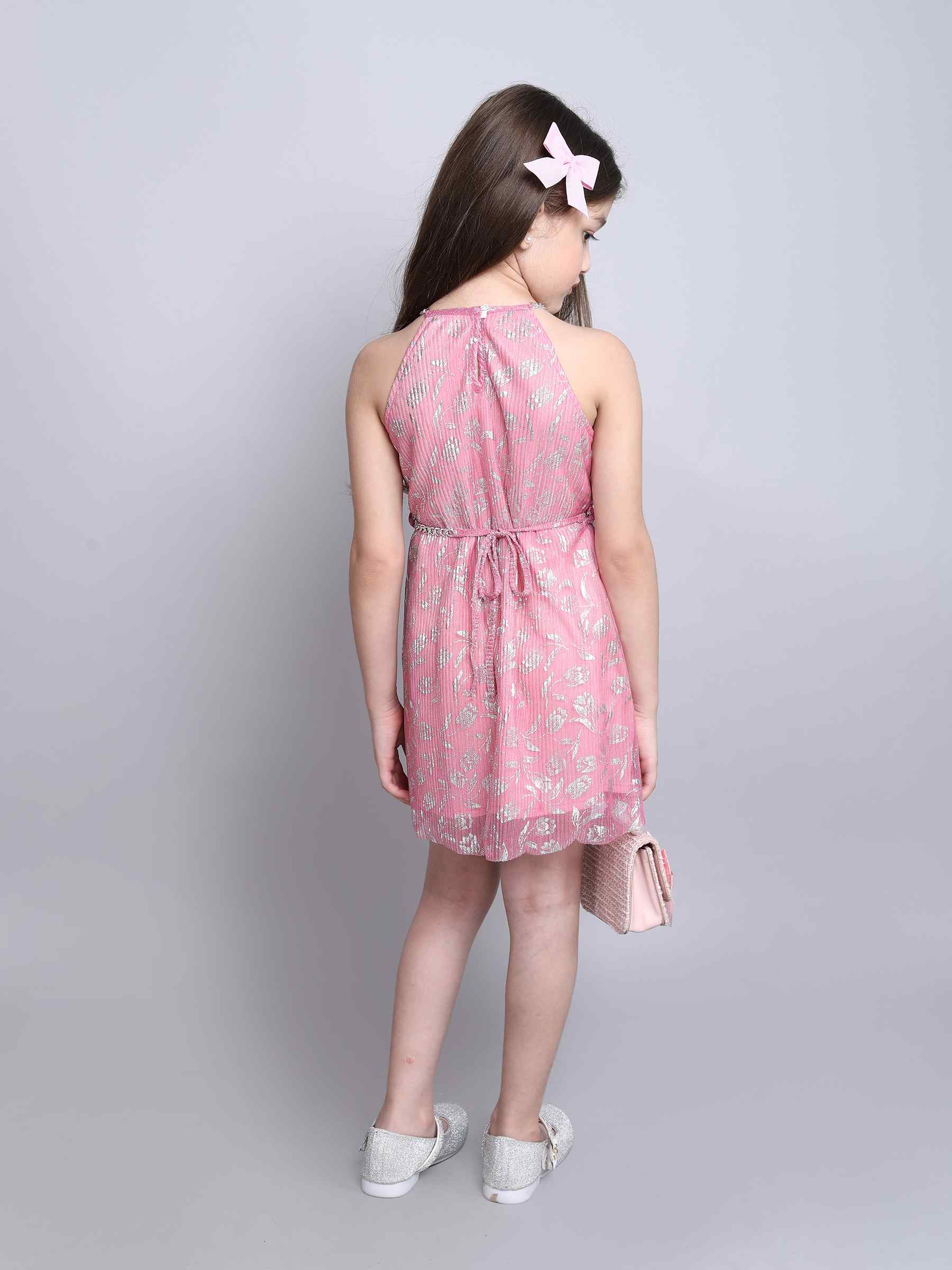 foil printed pleated halter neck Aline party dress with belt-Pink