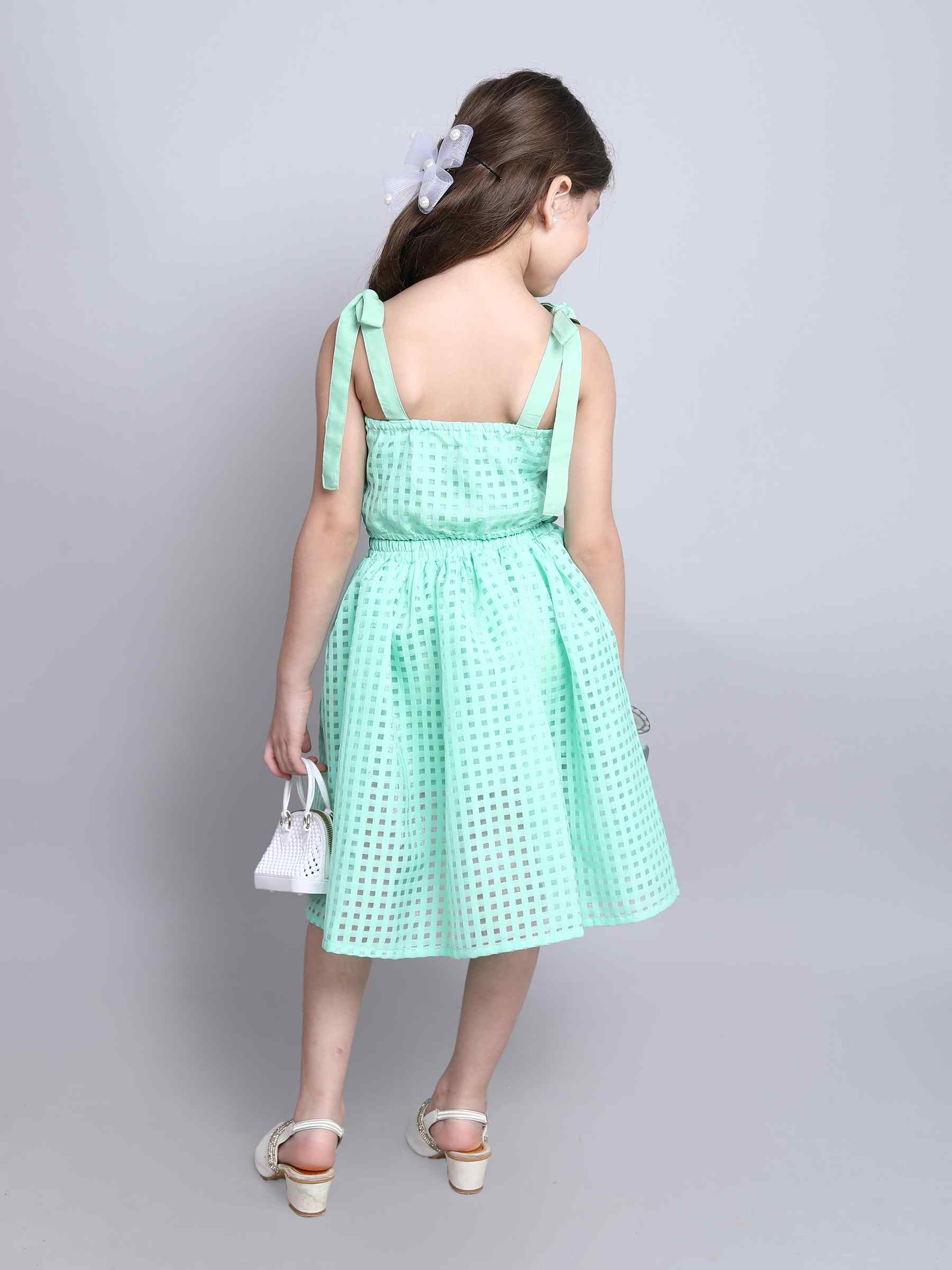 organza checks Shoulder tie-up crop top and matching Skirt set-Green