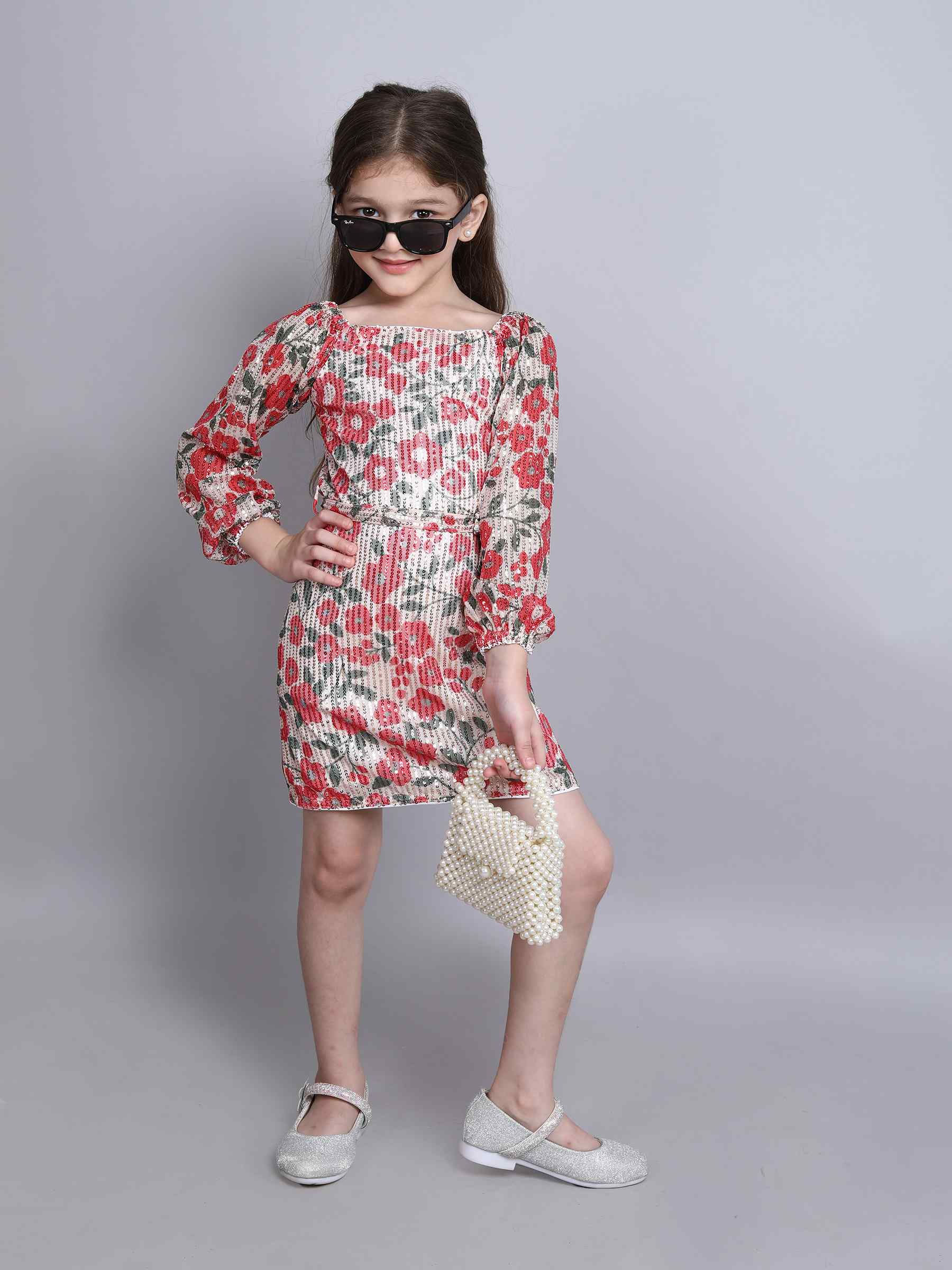 sequins embellished floral printed full sleeves off shoulder party dress-Multi