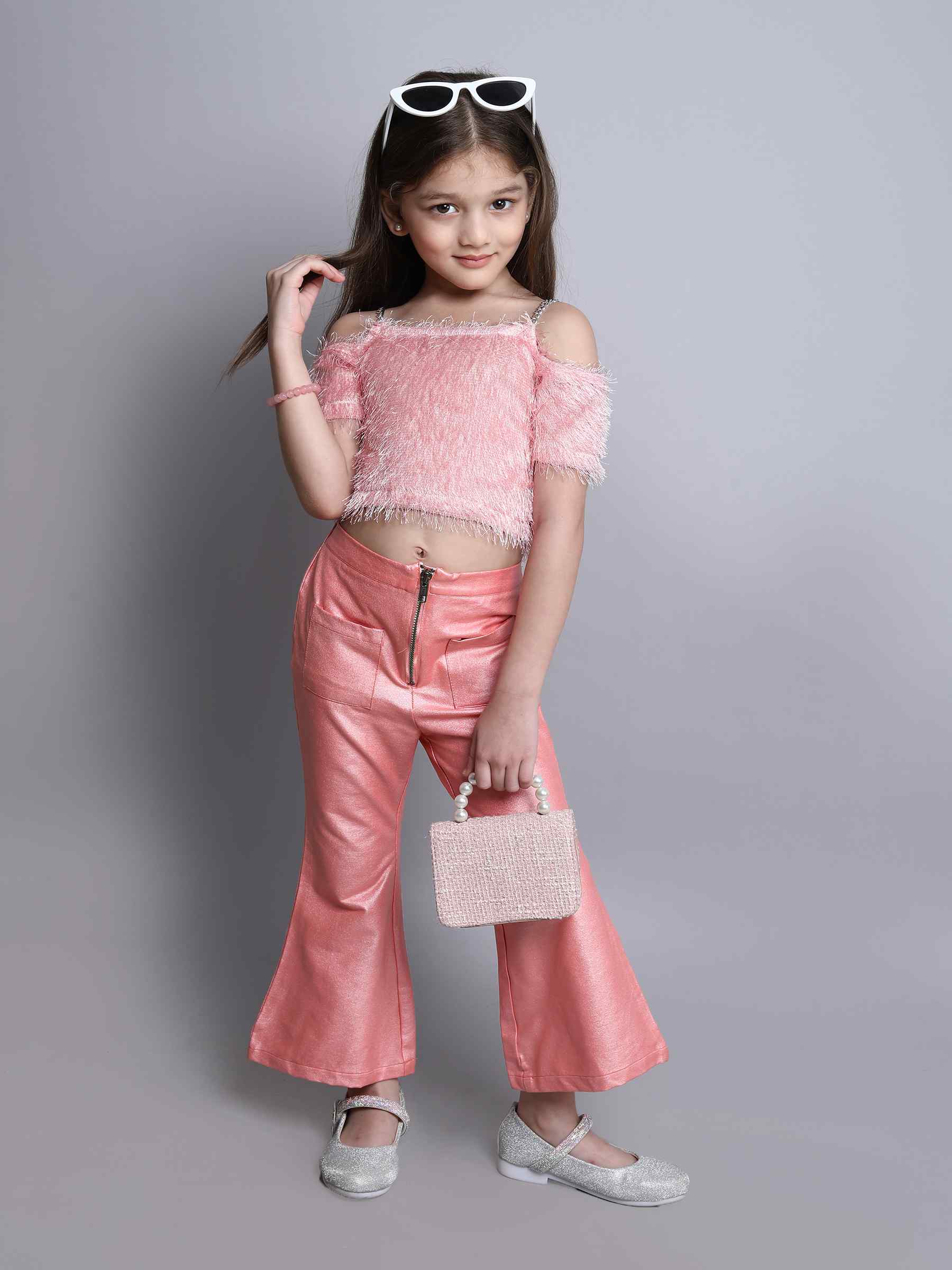 fur off shoulder chain detail party crop top with zipper and pocket detail bell bottom pant set-Peach