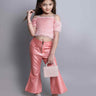 fur off shoulder chain detail party crop top with zipper and pocket detail bell bottom pant set-Peach