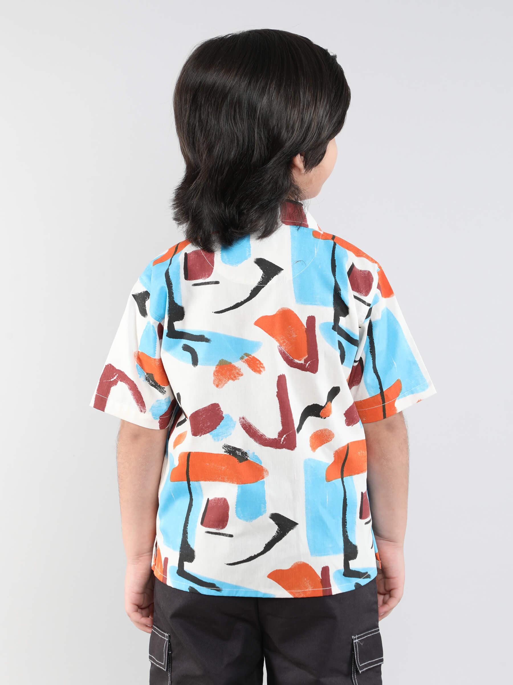 100% cotton Abstract printed oversized half sleeves shirt - Offwhite multi