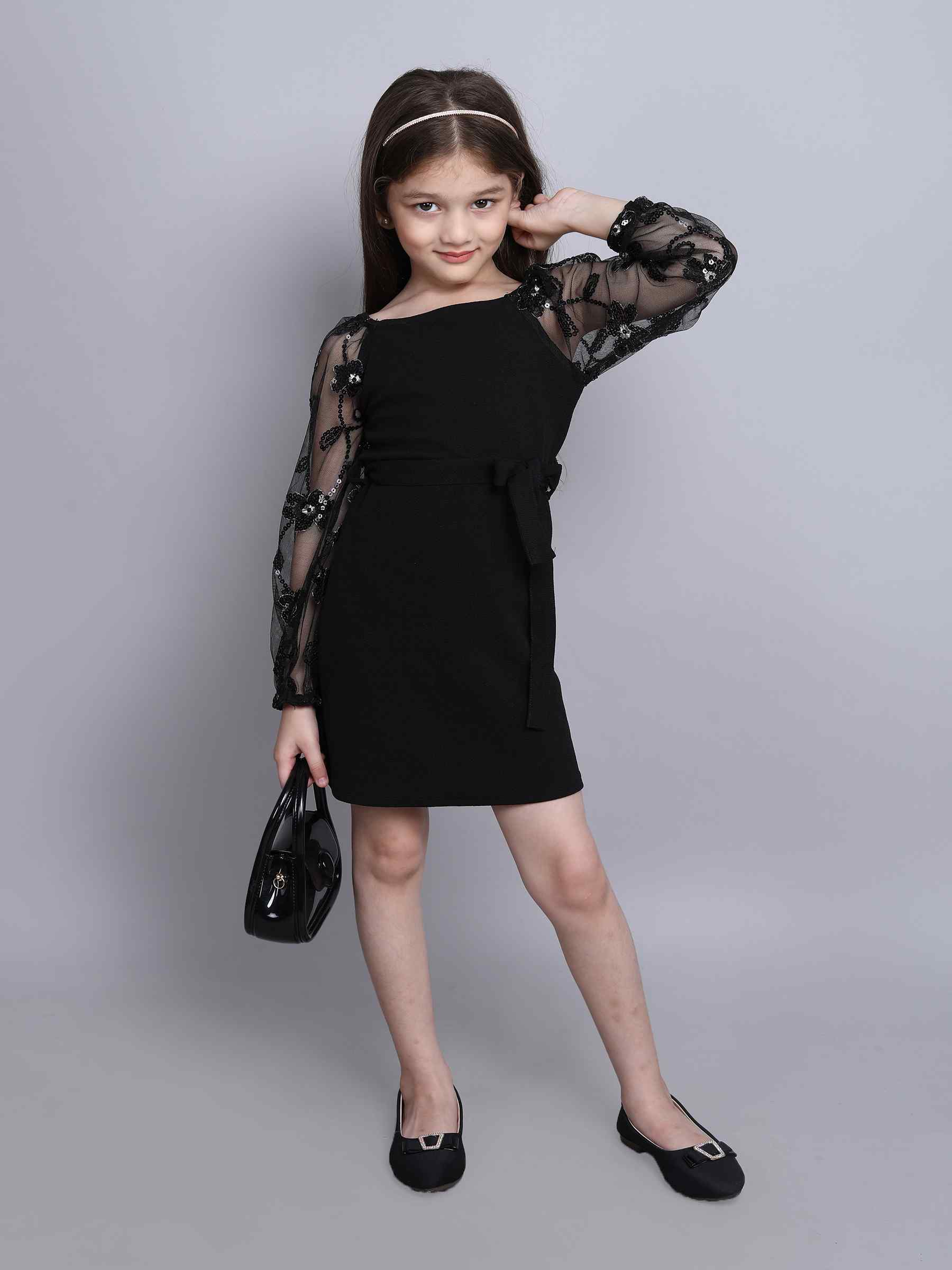 sequins embellished full sleeves off shoulder party dress-Black