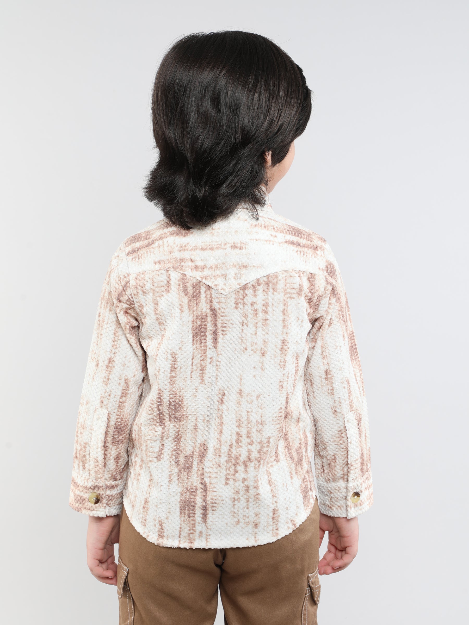 Abstract Printed velvet embossed full sleeves pocket shirt-Off white/Brown