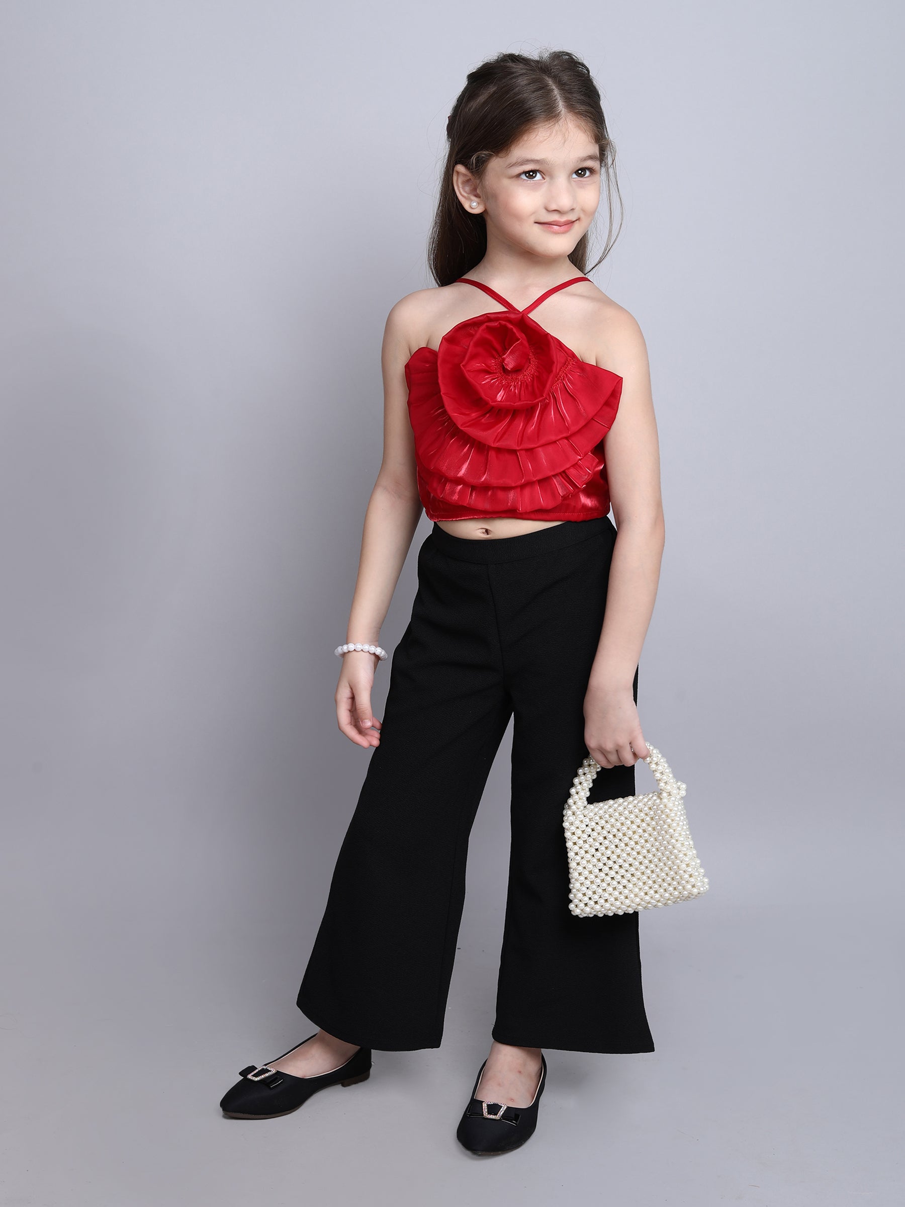 rose detail Halter neck party crop top with pant set-Red/Black